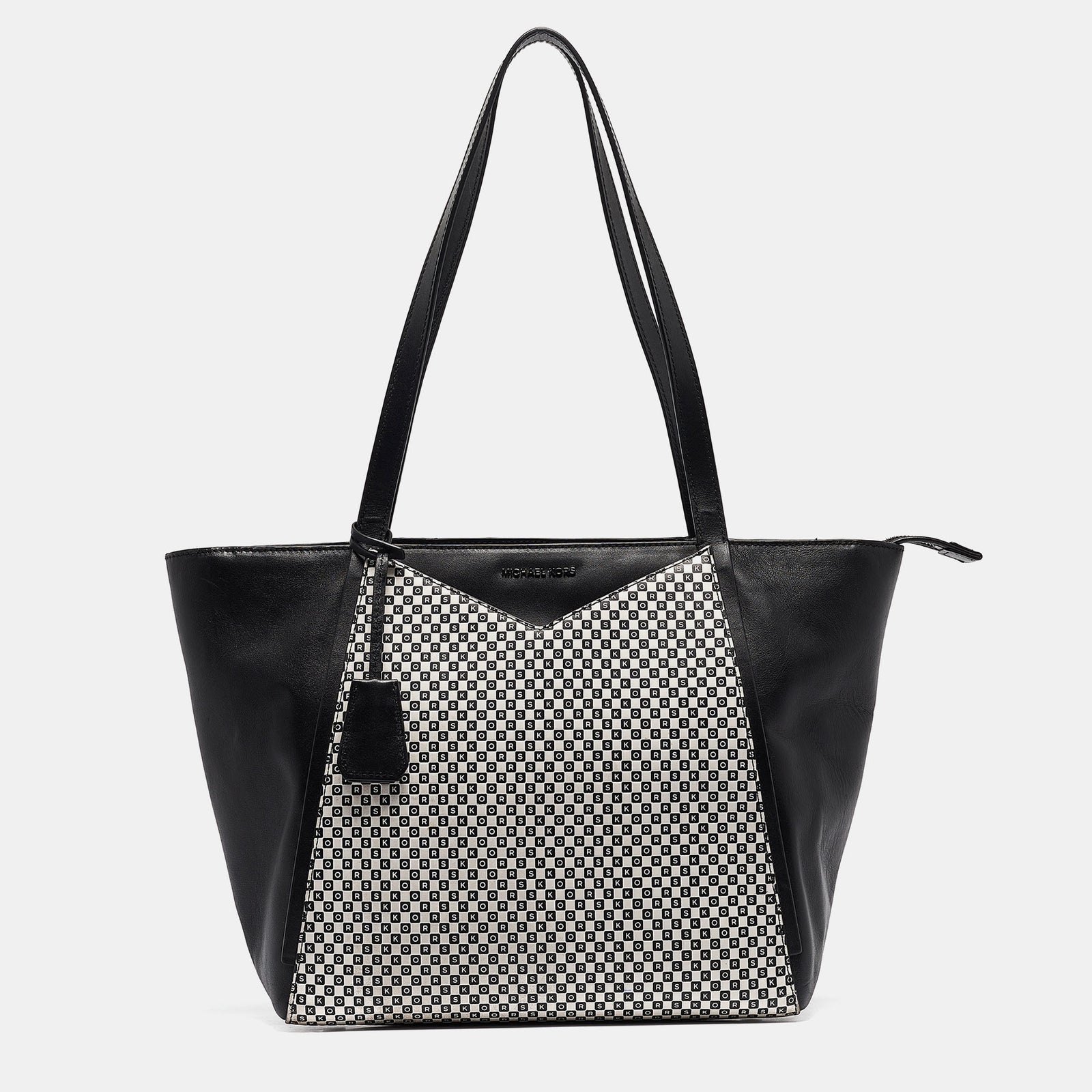 Michael Kors Black/White Checkboard Logo Leather Large Whitney Tote