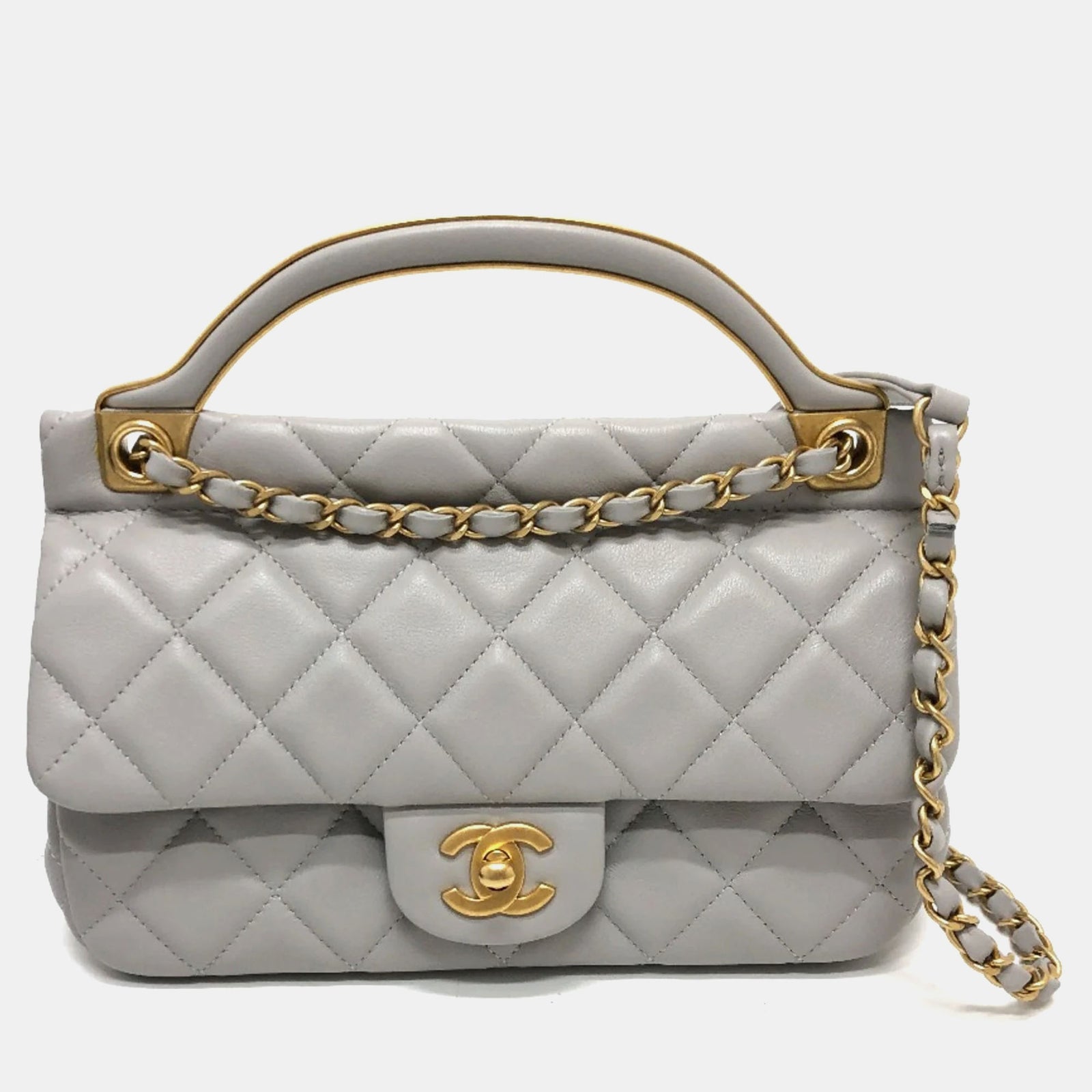 Chanel Pochette pour femme en cuir de veau gris matelassé avec poignée et chaîne