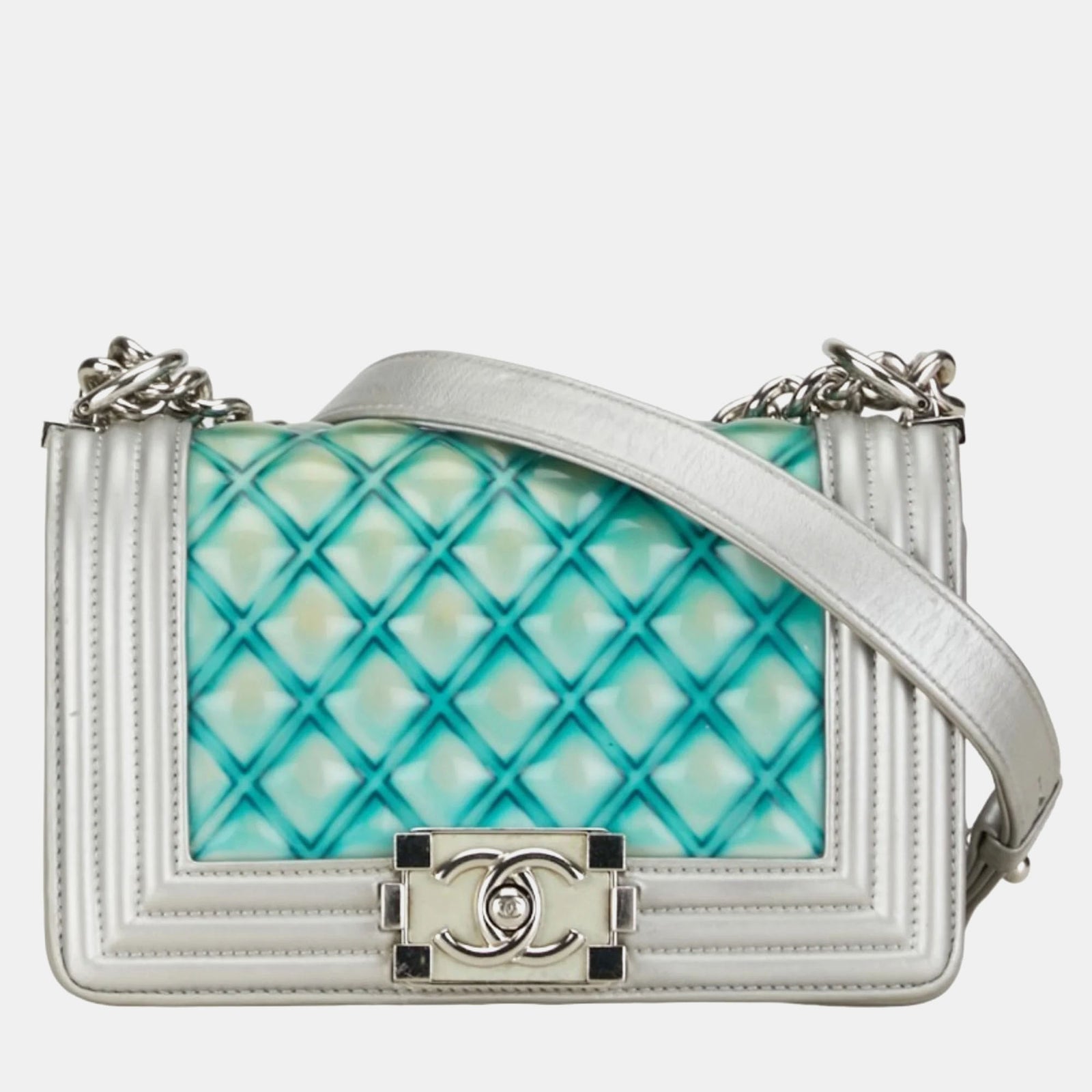 Chanel Petit sac à rabat Water Boy en PVC argenté/bleu et cuir