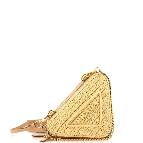 PRADA Triangle Logo Zip Around Shoulder Bag Raffia and Leather Mini