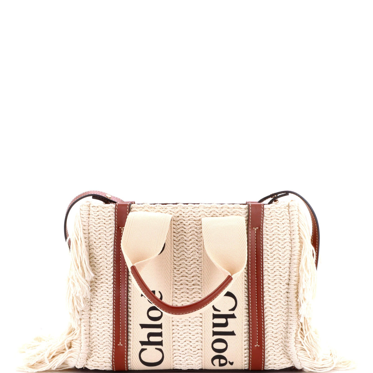 Chloe CHLOE Woody Convertible Tote Fringe Canvas Small