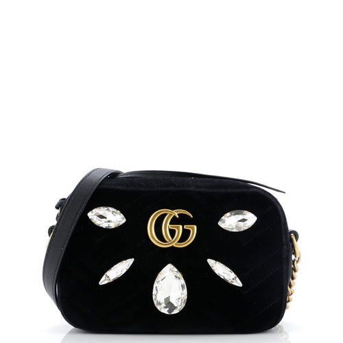 GUCCI GG Marmont Shoulder Bag Crystal Embellished Matelasse Velvet Mini