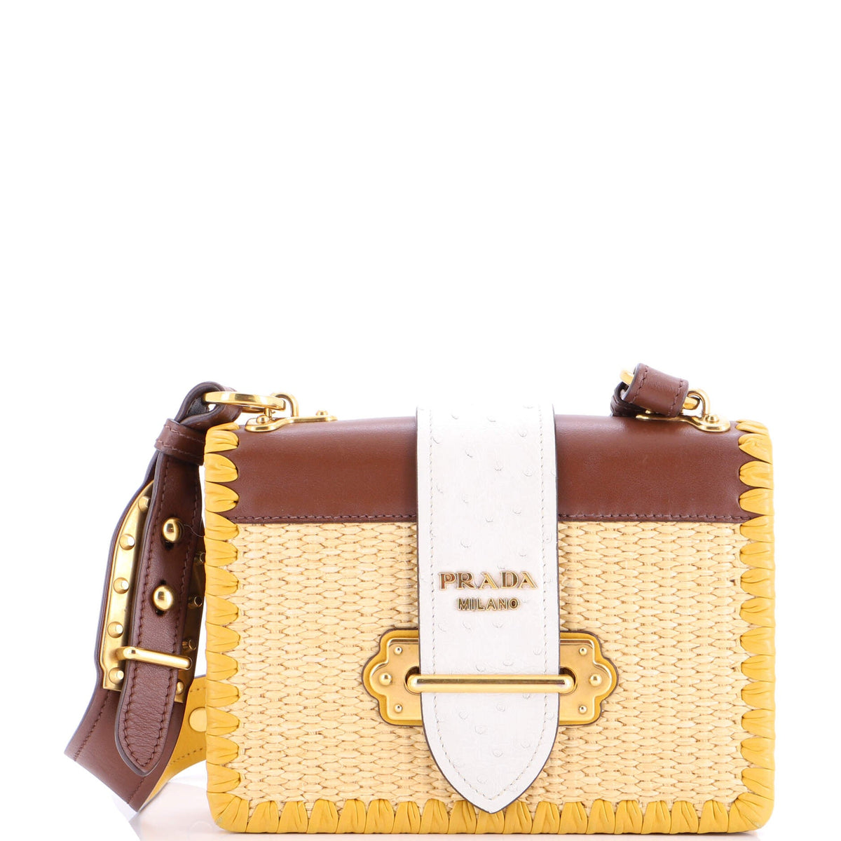 Prada PRADA Cahier Crossbody Bag Straw and Leather with Ostrich Small