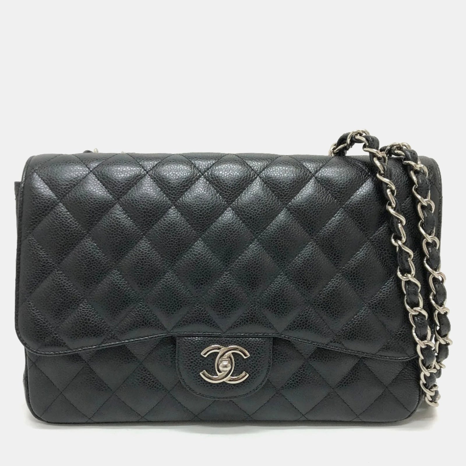 Chanel Sac à bandoulière à rabat simple en cuir caviar noir Jumbo Classic