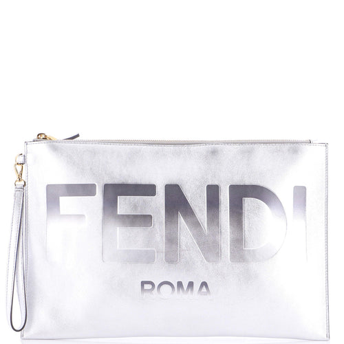 FENDI Logo Flat Wristlet Pouch Embossed Leather Large