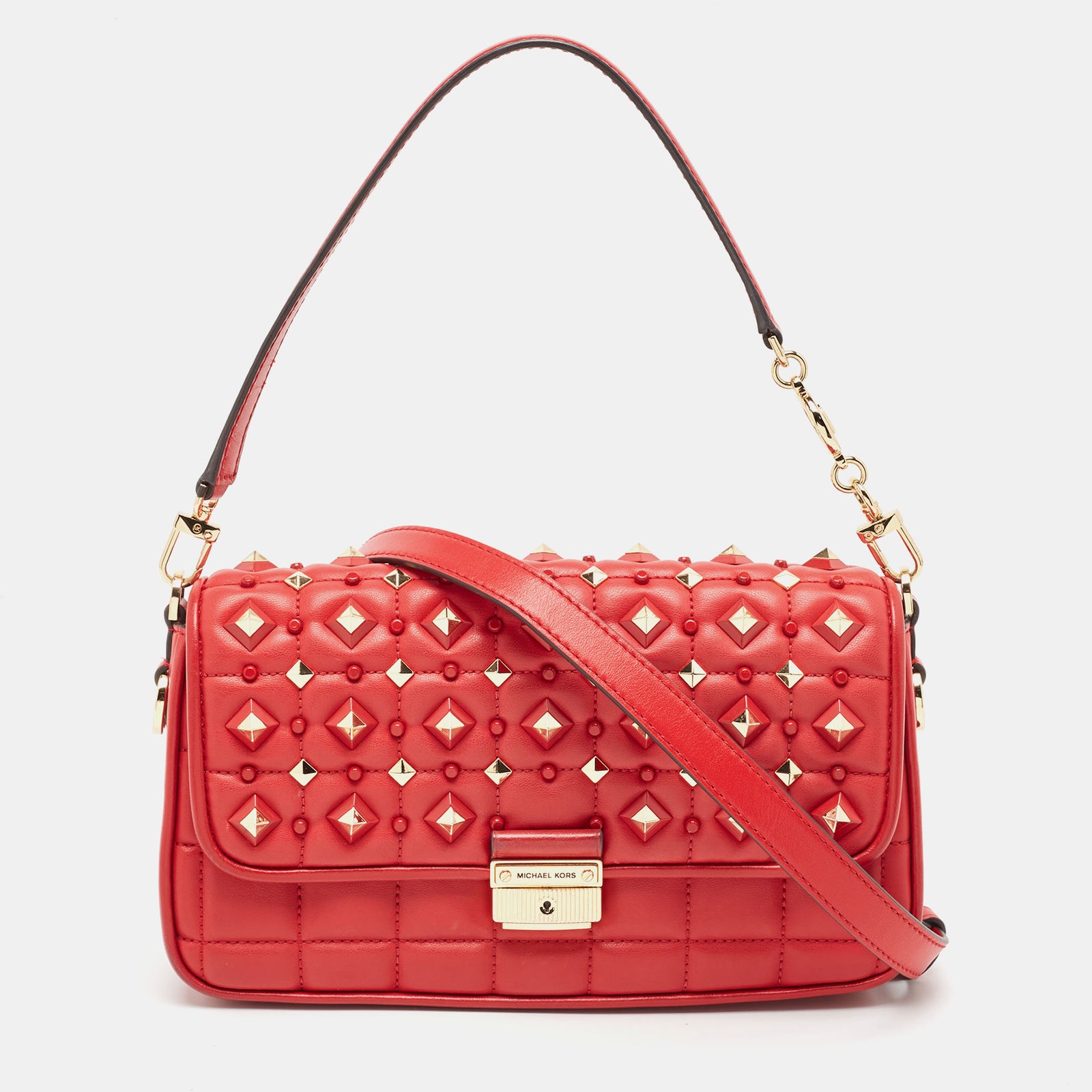 Michael Kors Red Quilted Leather Small Studded Bradshaw Convertible Shoulder Bag