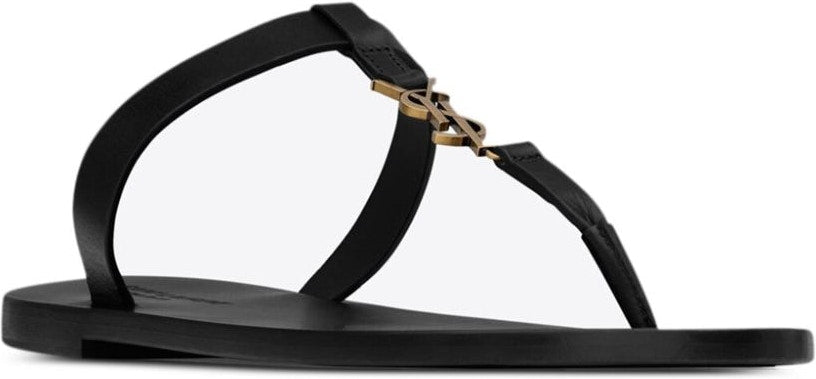 Saint Laurent Men's Cassandre Logo Plaque Leather Sandals in Black | Size 42 | 775806DWETT