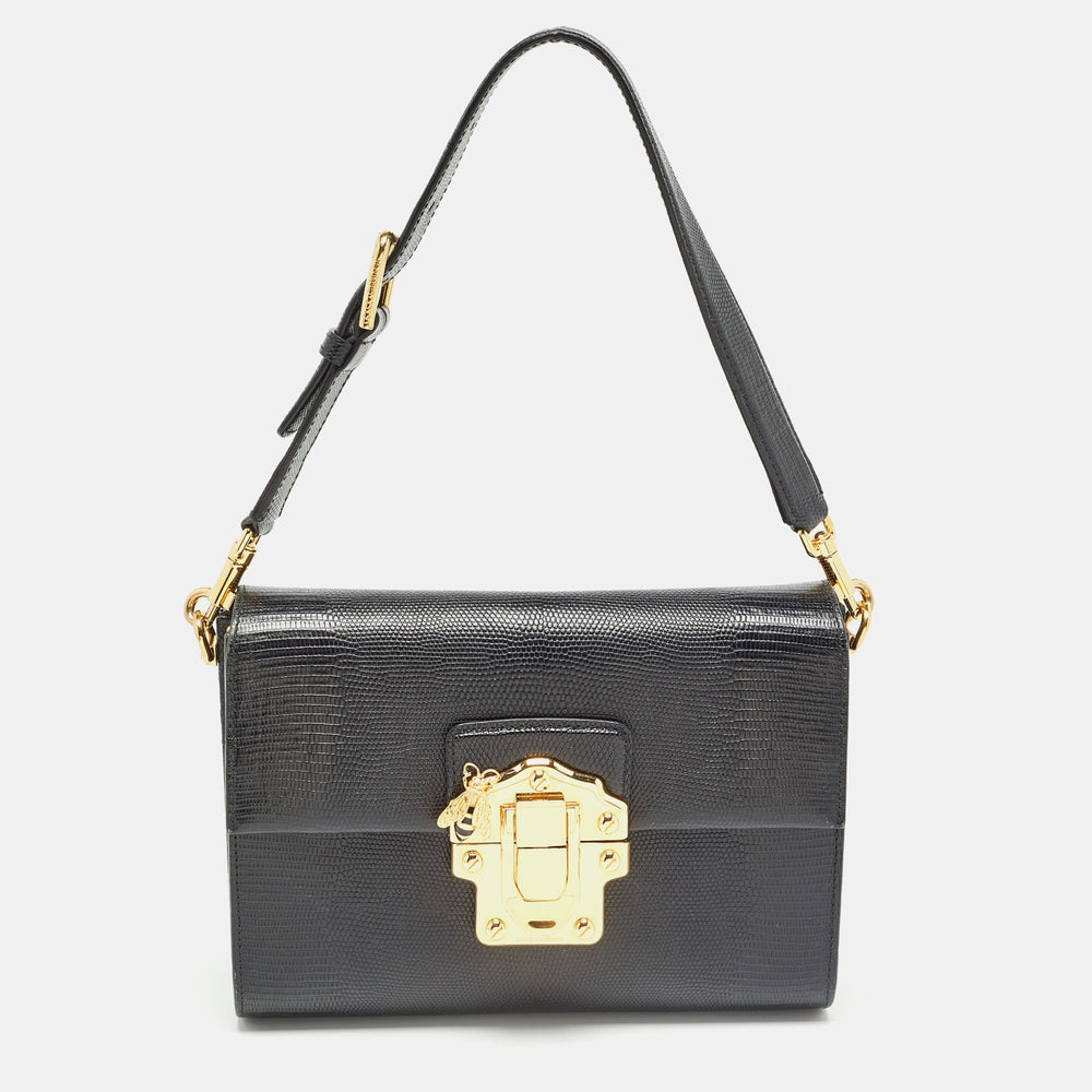 Sac à bandoulière Lucia de taille moyenne en cuir gaufré motif lézard noir