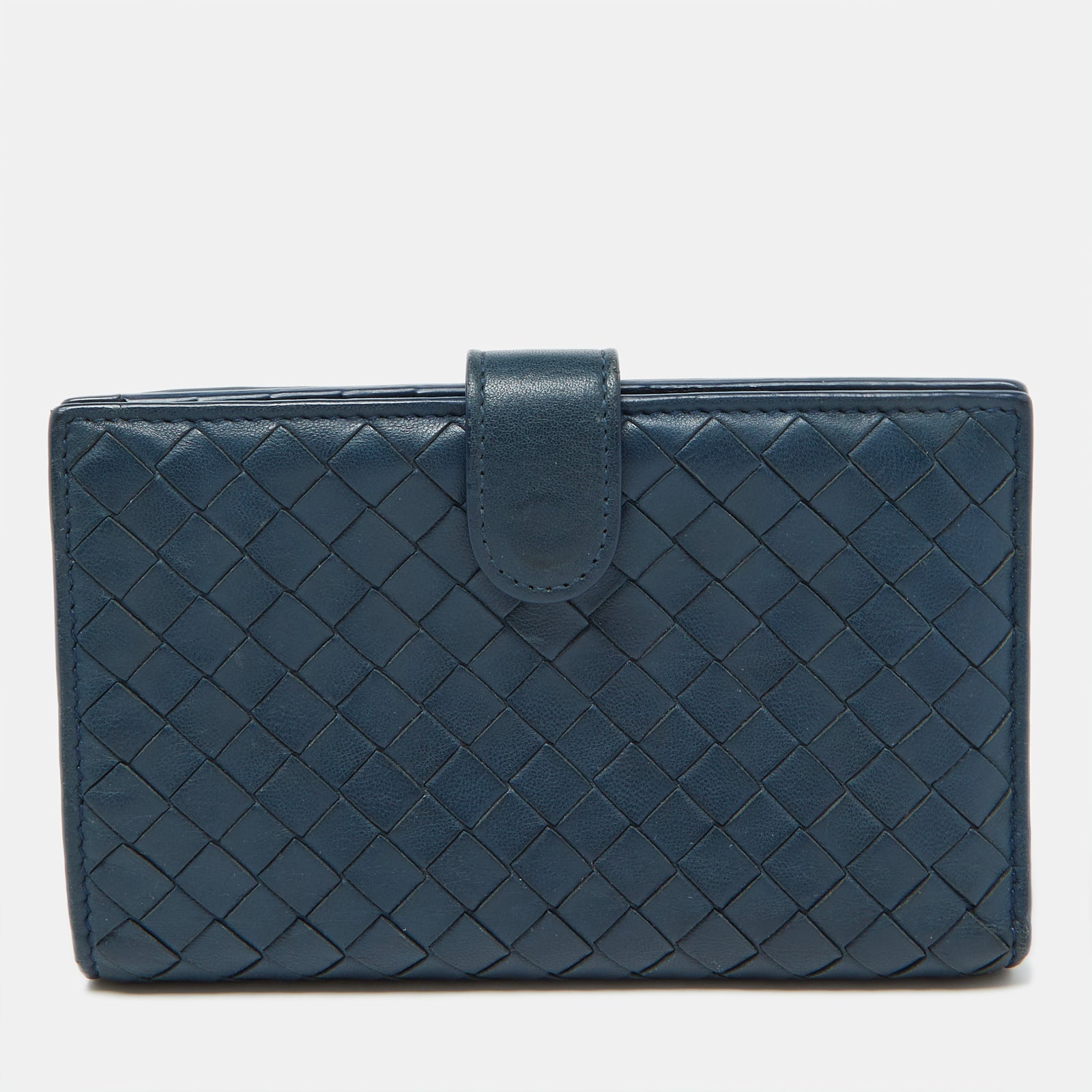 Bottega Veneta Portefeuille compact en cuir intrecciato bleu