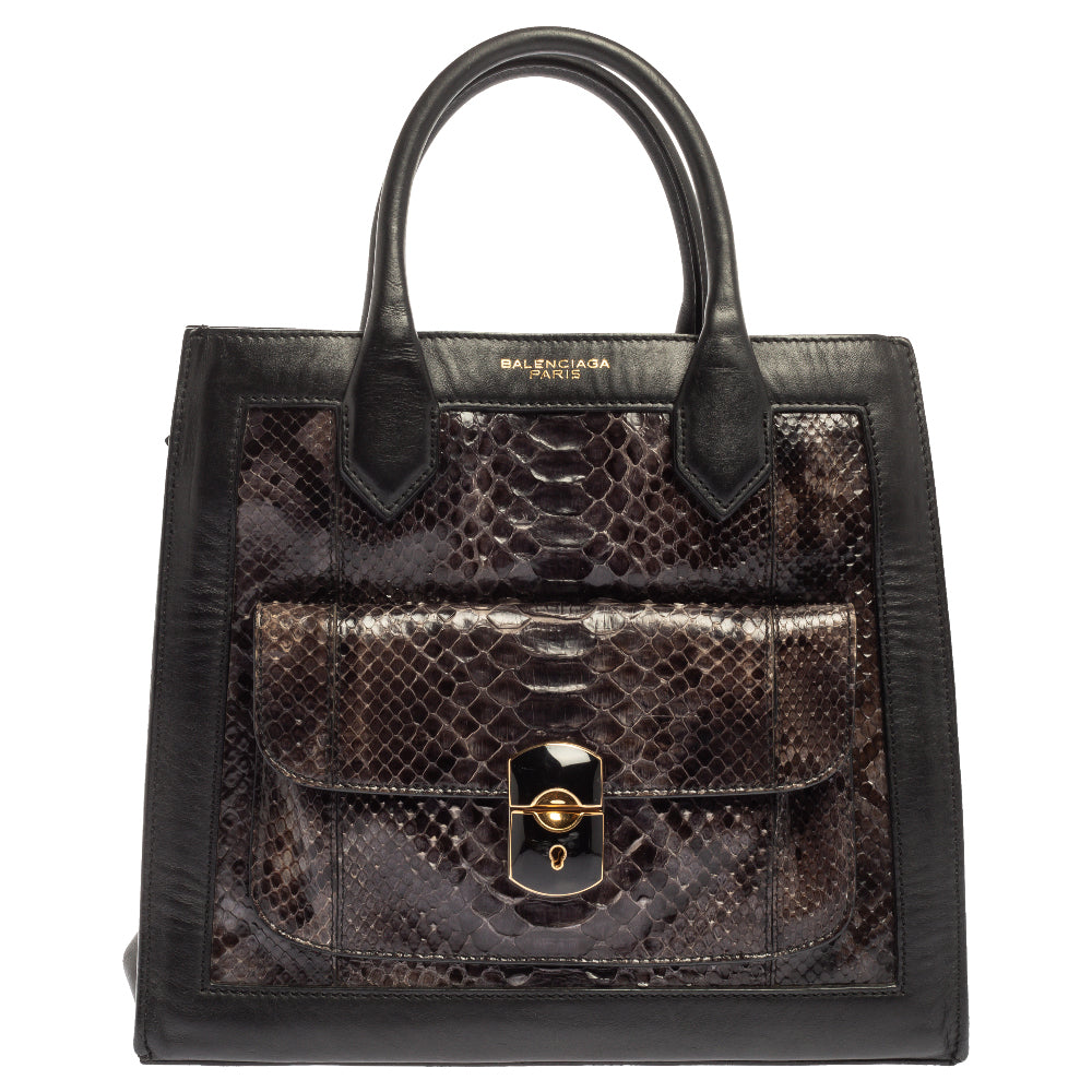 Balenciaga Black Leather and Python Padlock All Afternoon Tote