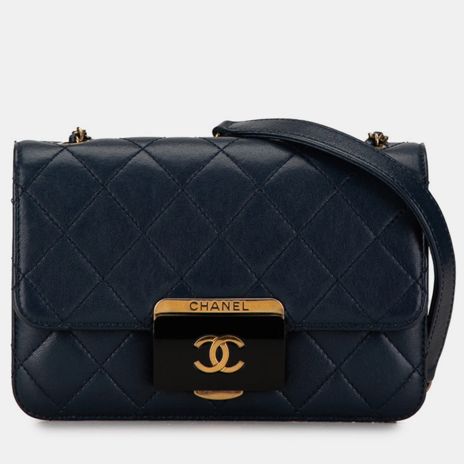 Chanel Kleine Beauty Lock-Umhängetasche aus blauem Leder mit Klappe