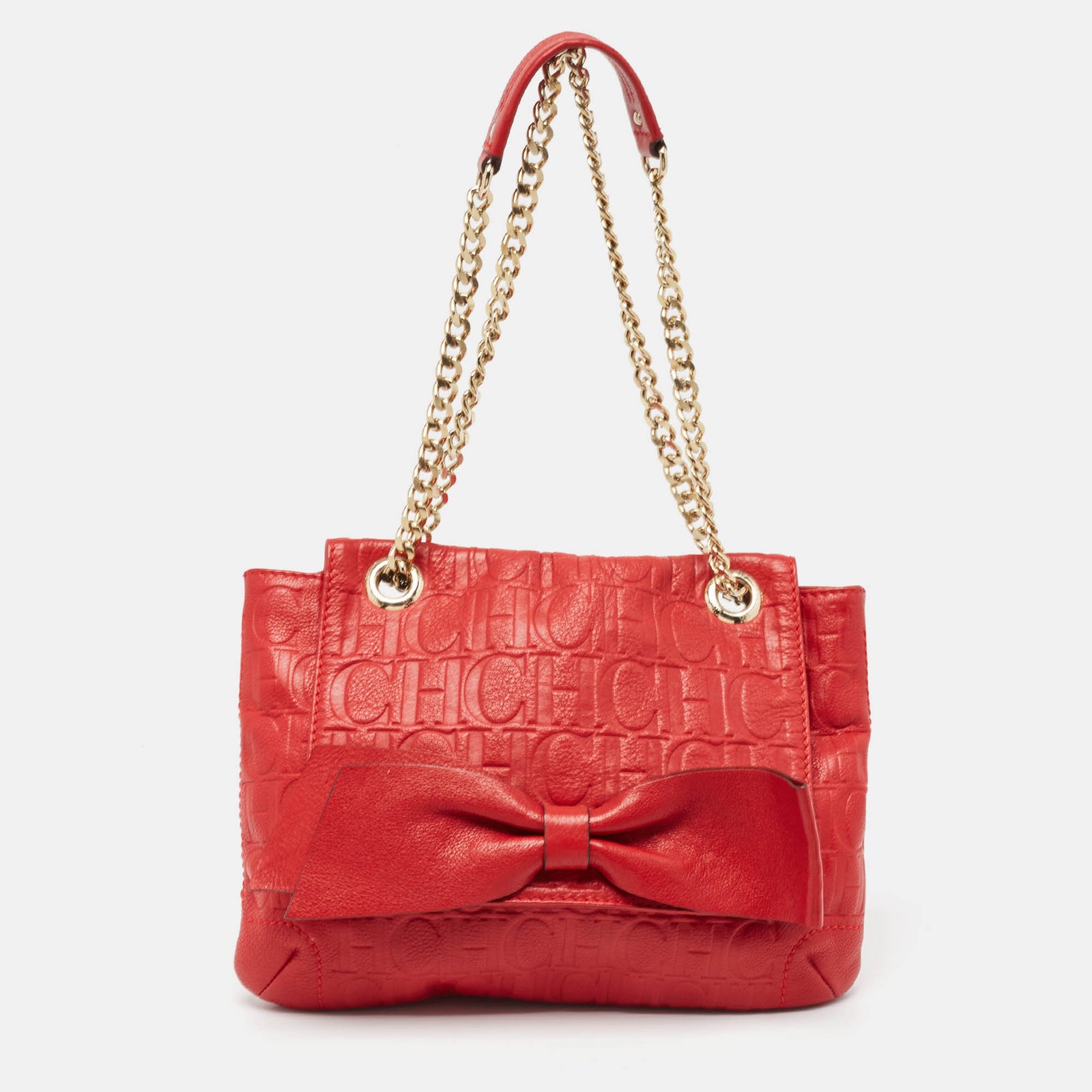 Ch Carolina Herrera Red Monogram Embossed Leather Audrey Shoulder Bag