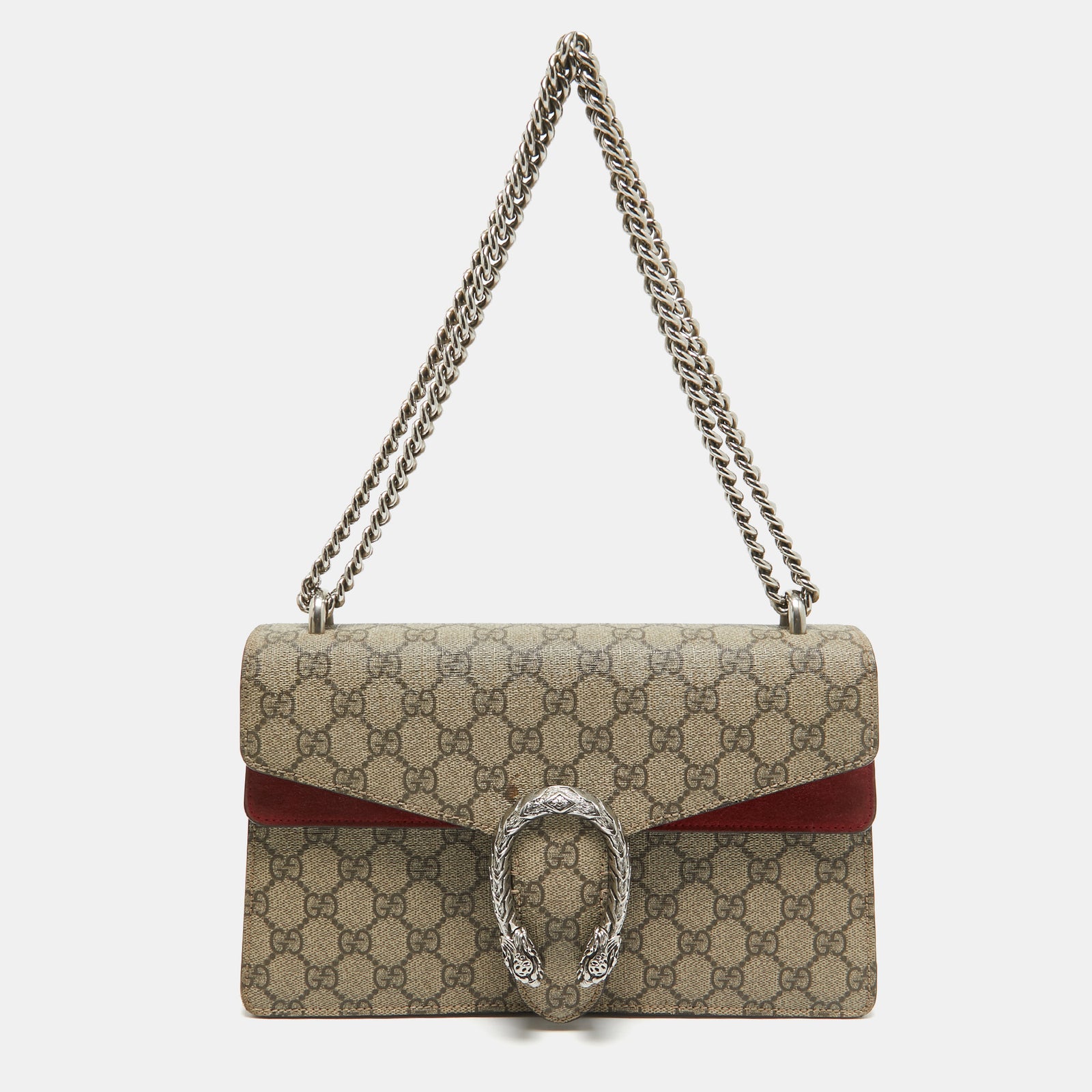 Gucci Kleine Dionysus-Umhängetasche aus GG Supreme-Canvas und Wildleder in Beige/Rot