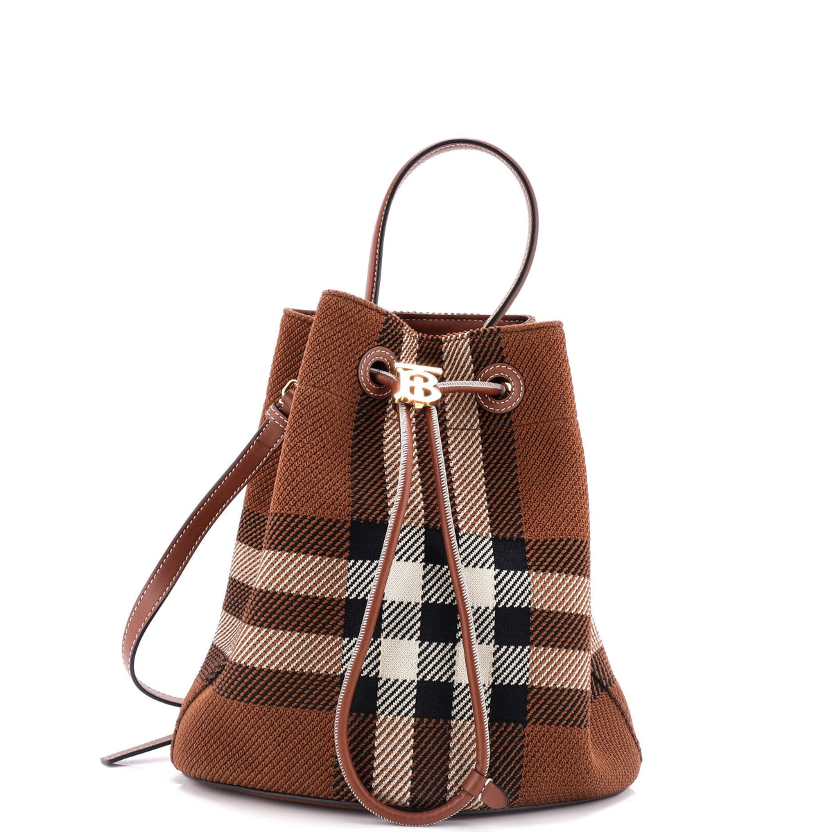 Burberry TB Drawstring Bucket Bag Check Knitted Fabric Small