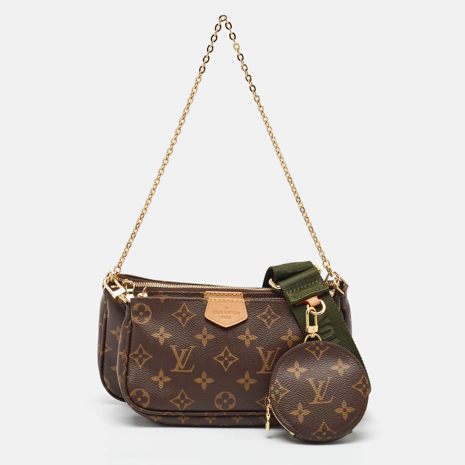 Louis Vuitton Khakifarbene Pochette aus Canvas mit Monogramm und mehreren Accessoires