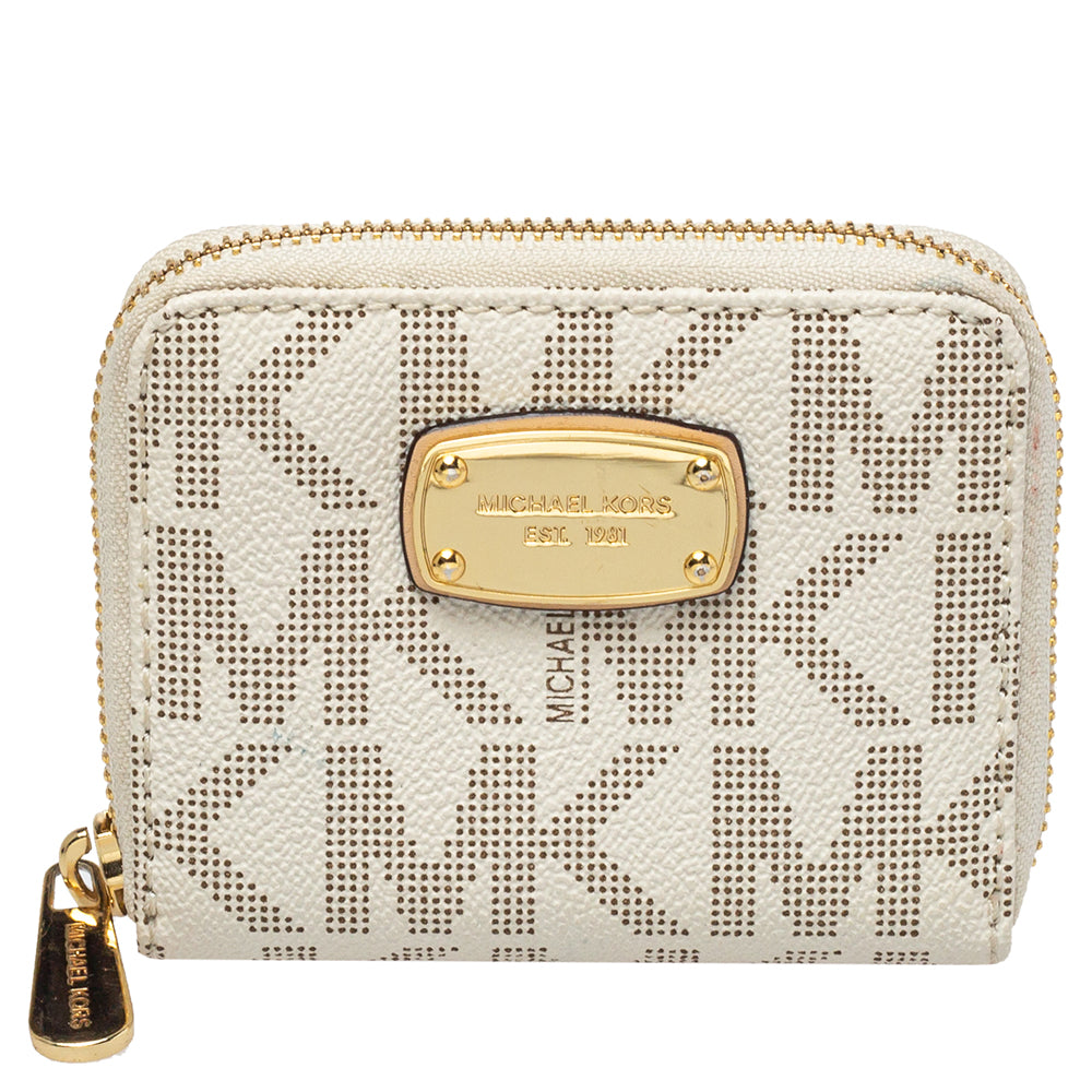 Michael Kors White Signature Coated Canvas Zip Around Compact Wallet