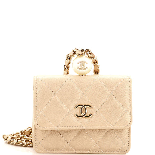 CHANEL CC Pearl Coin Card Holder with Chain Quilted Iridescent Caviar