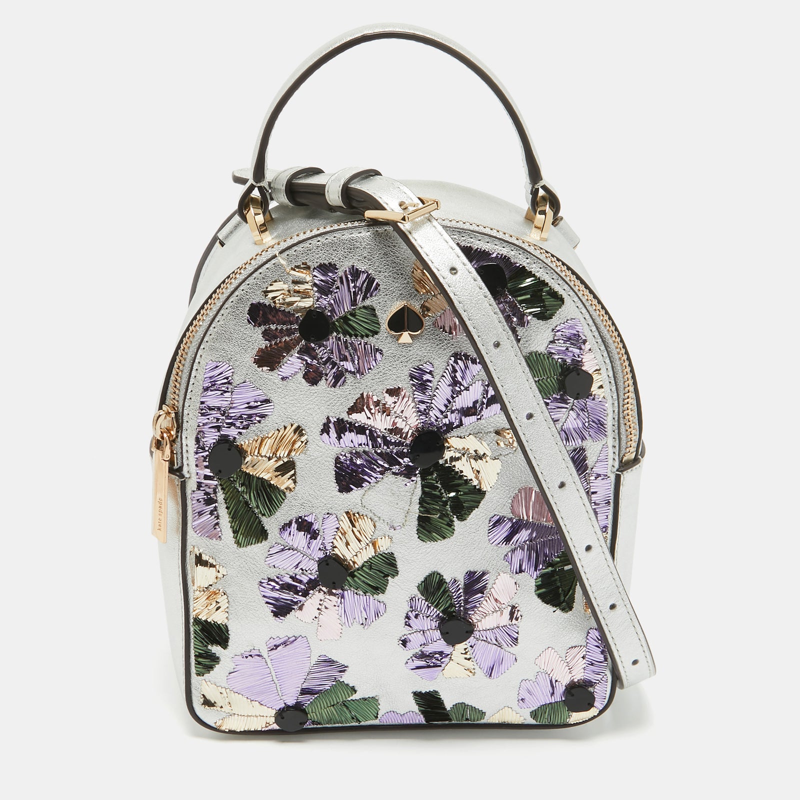 Kate Spade Silver Leather Mini Amelia Floral Convertible Backpack