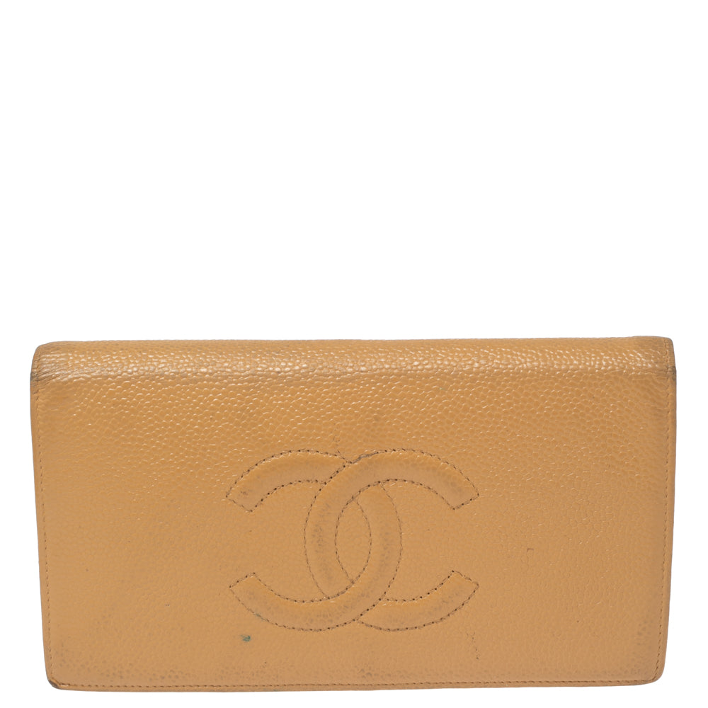 Chanel Beige CC Cambon-Geldbörse aus Kaviarleder