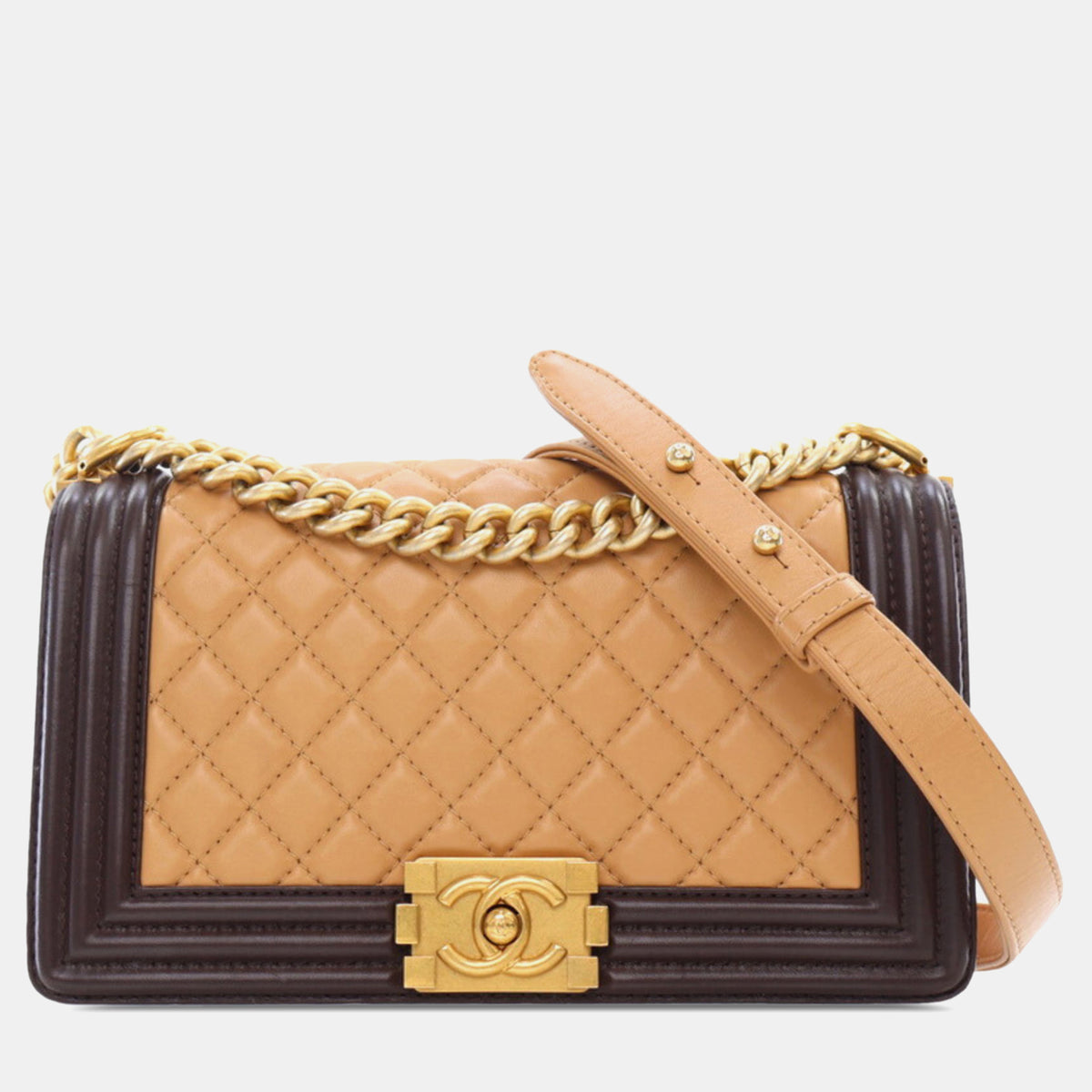 Chanel Brown Tone Lambskin Leather Medium Bicolor Boy Bag