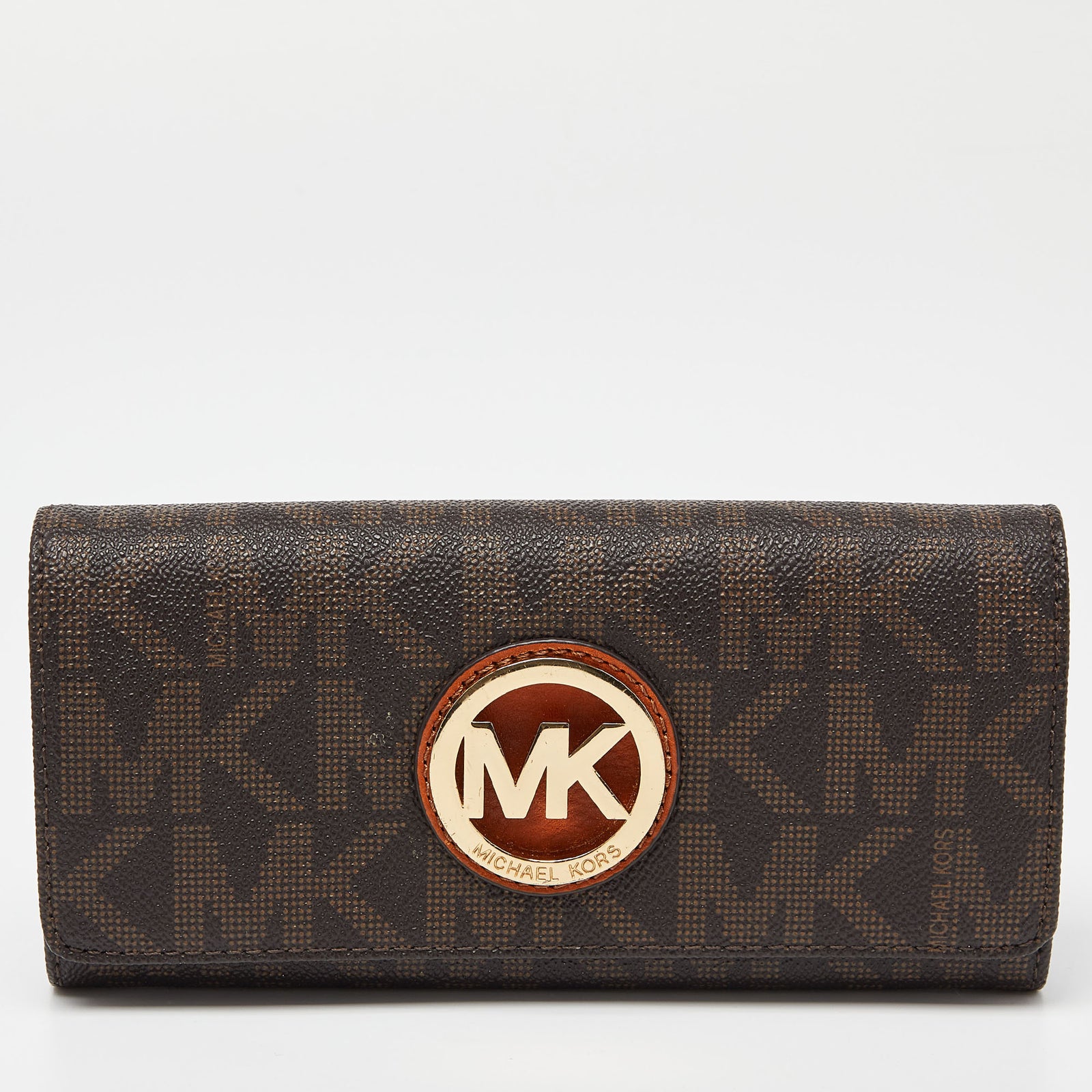 Michael Kors Beige/Brown Signature Coated Canvas Fulton Flap Continental Wallet