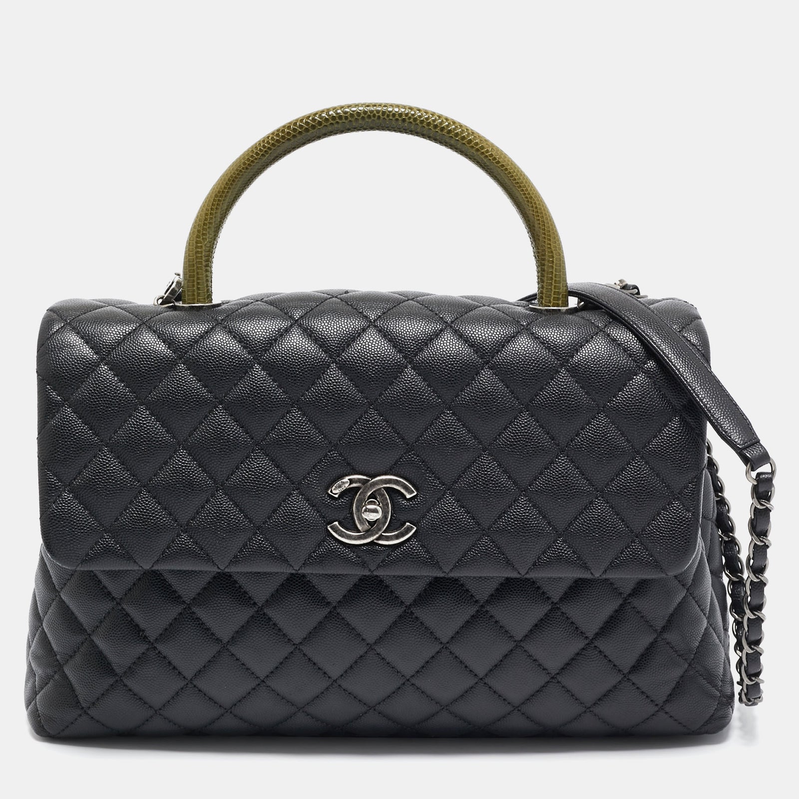 Chanel Große Coco-Tasche aus gestepptem Kaviarleder und Eidechsenleder in Schwarz/Grün mit Griff oben