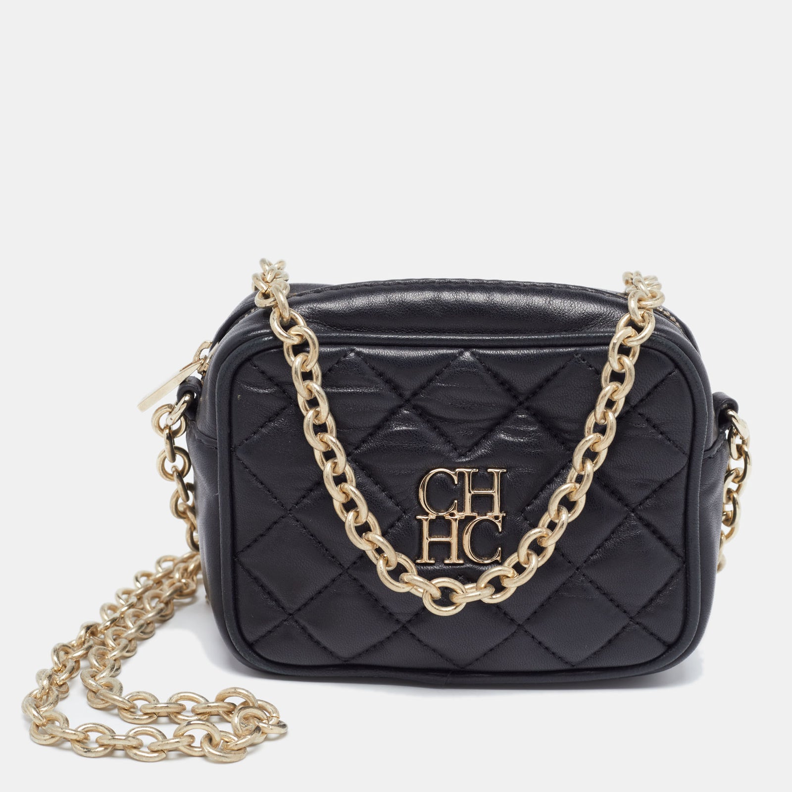 Ch Carolina Herrera Black Quilted Leather Mini Chain Crossbody Bag