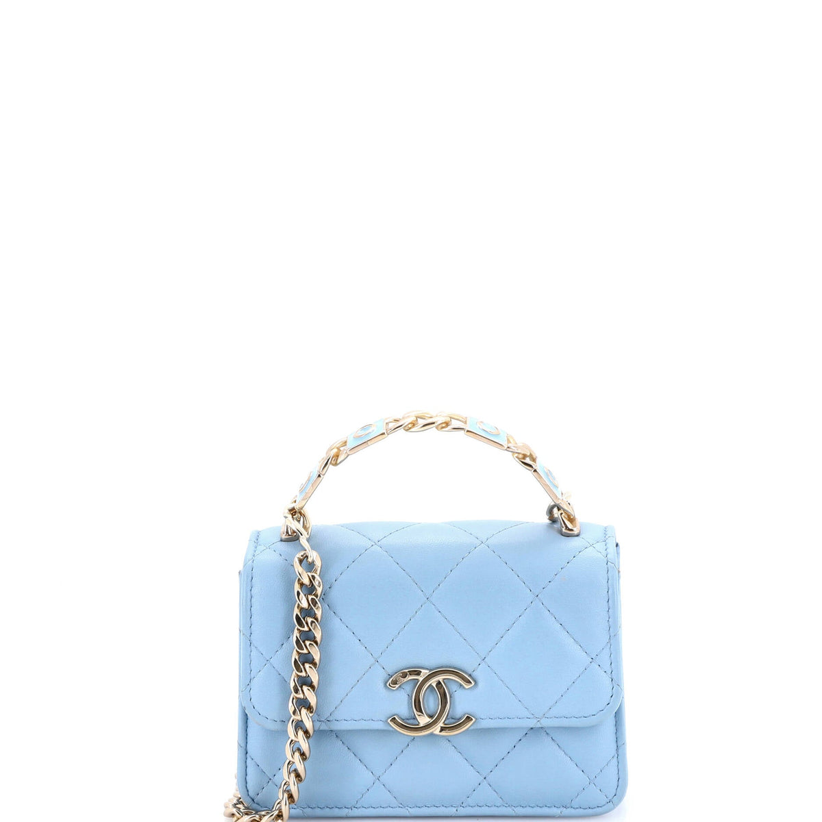 Chanel CHANEL Coco Enamel Top Handle Flap Clutch with Chain Quilted Lambskin