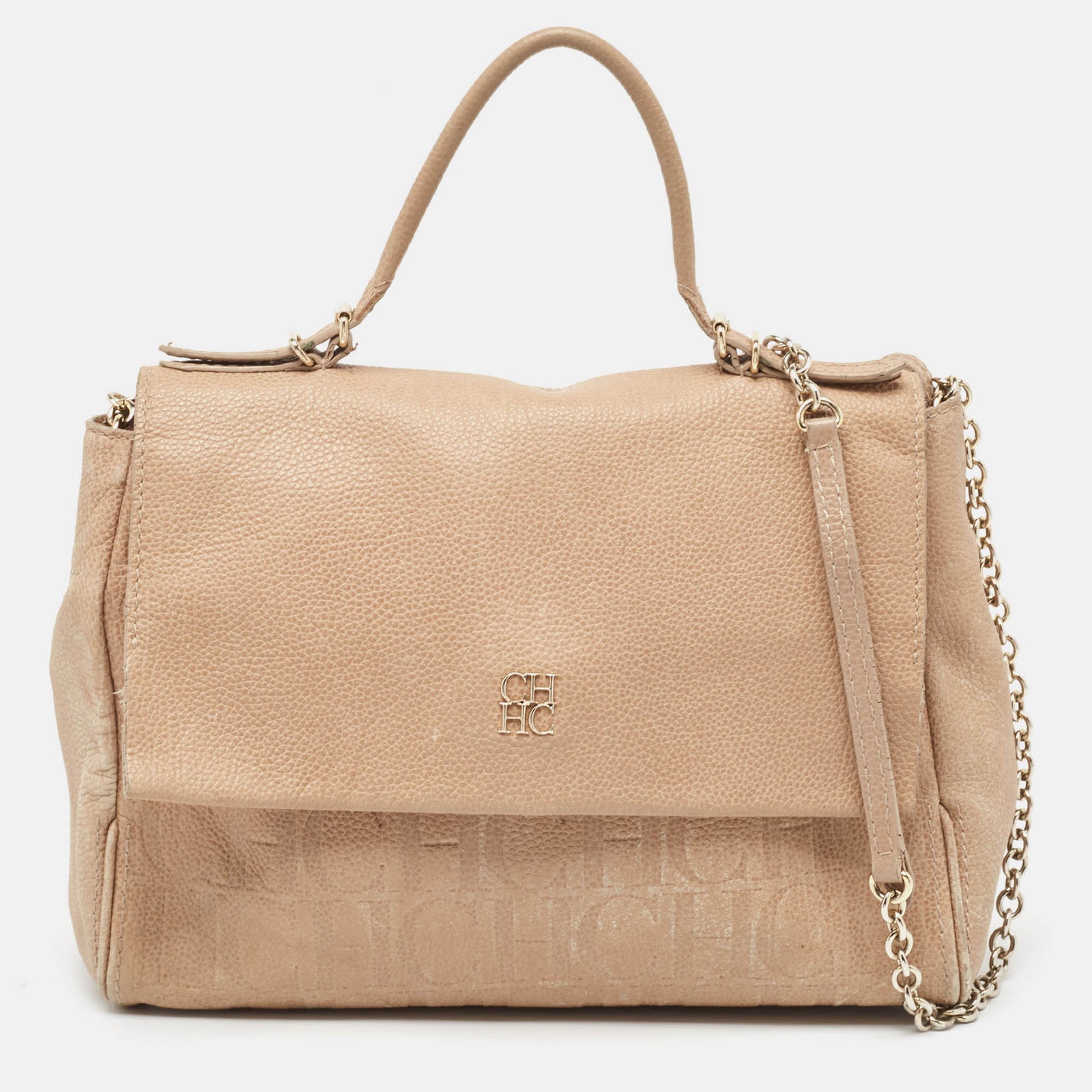 Carolina Herrera Beige Leather Minuetto Flap Top Handle Bag