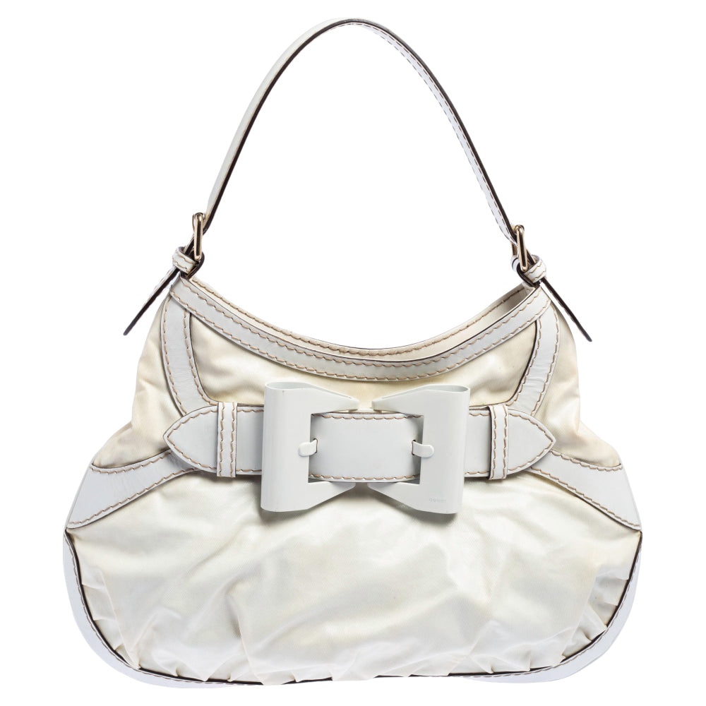 White Coated Canvas and Leather Medium Queen Hobo