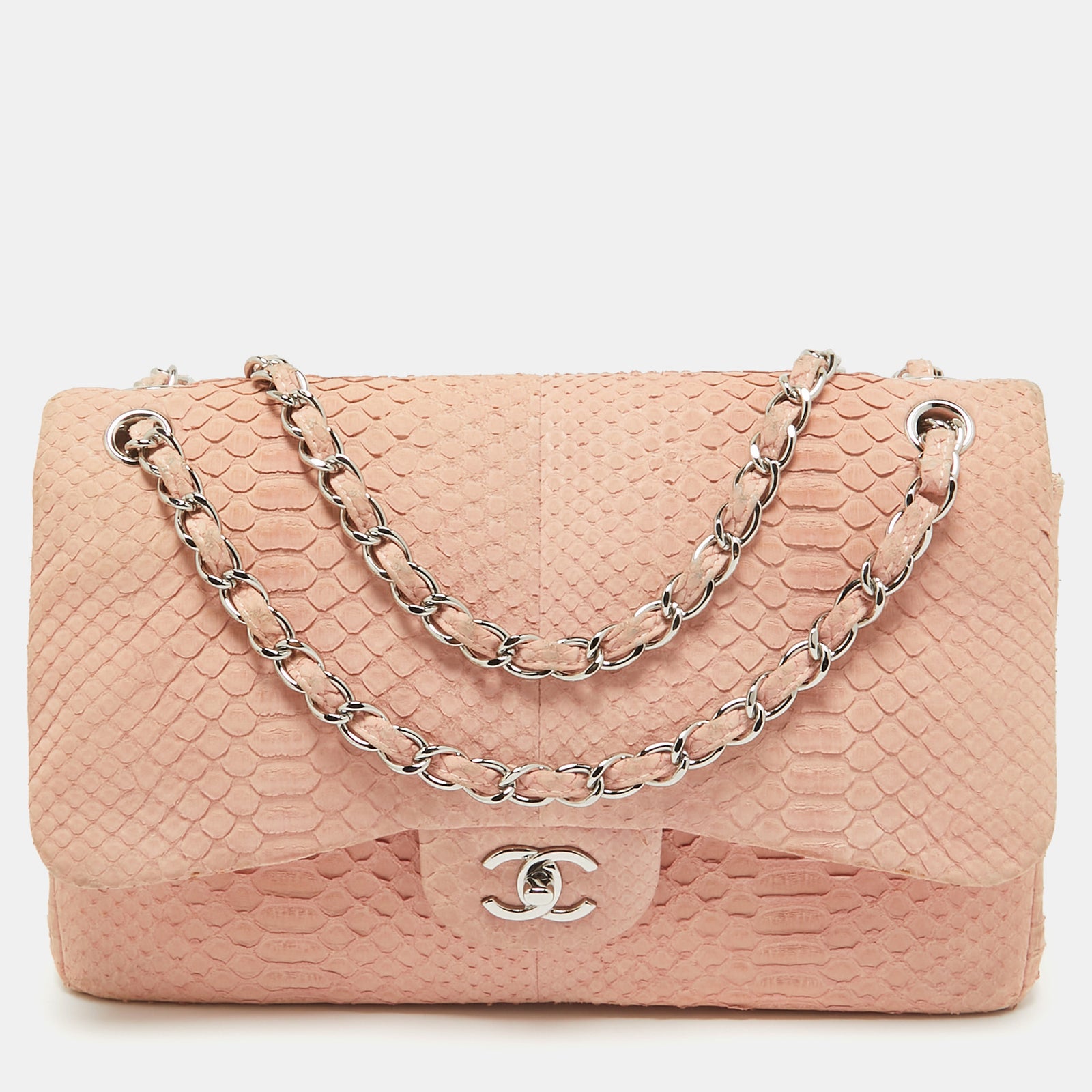 Chanel Hellrosa Python-Klassiker Jumbo-Tasche mit Doppelklappe