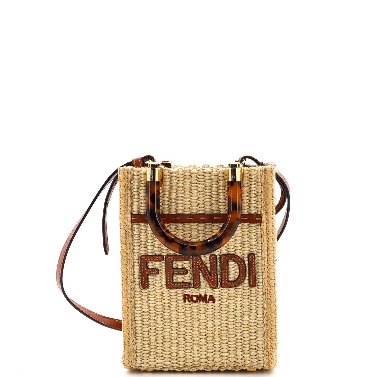 Fendi FENDI Sunshine Shopper Tote Straw and Leather Mini