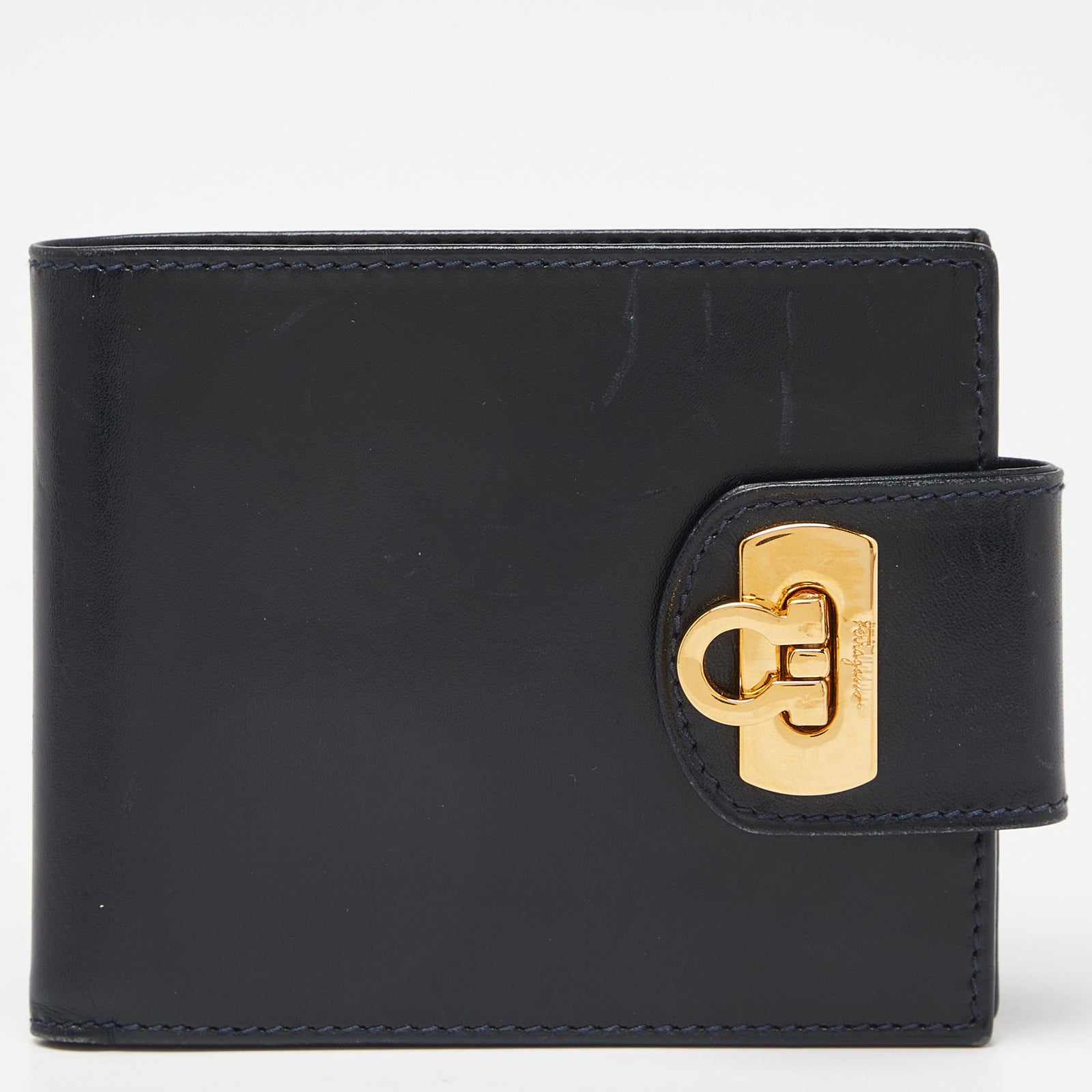 Salvatore Ferragamo Dark Blue Leather Gancini Flap Compact Wallet