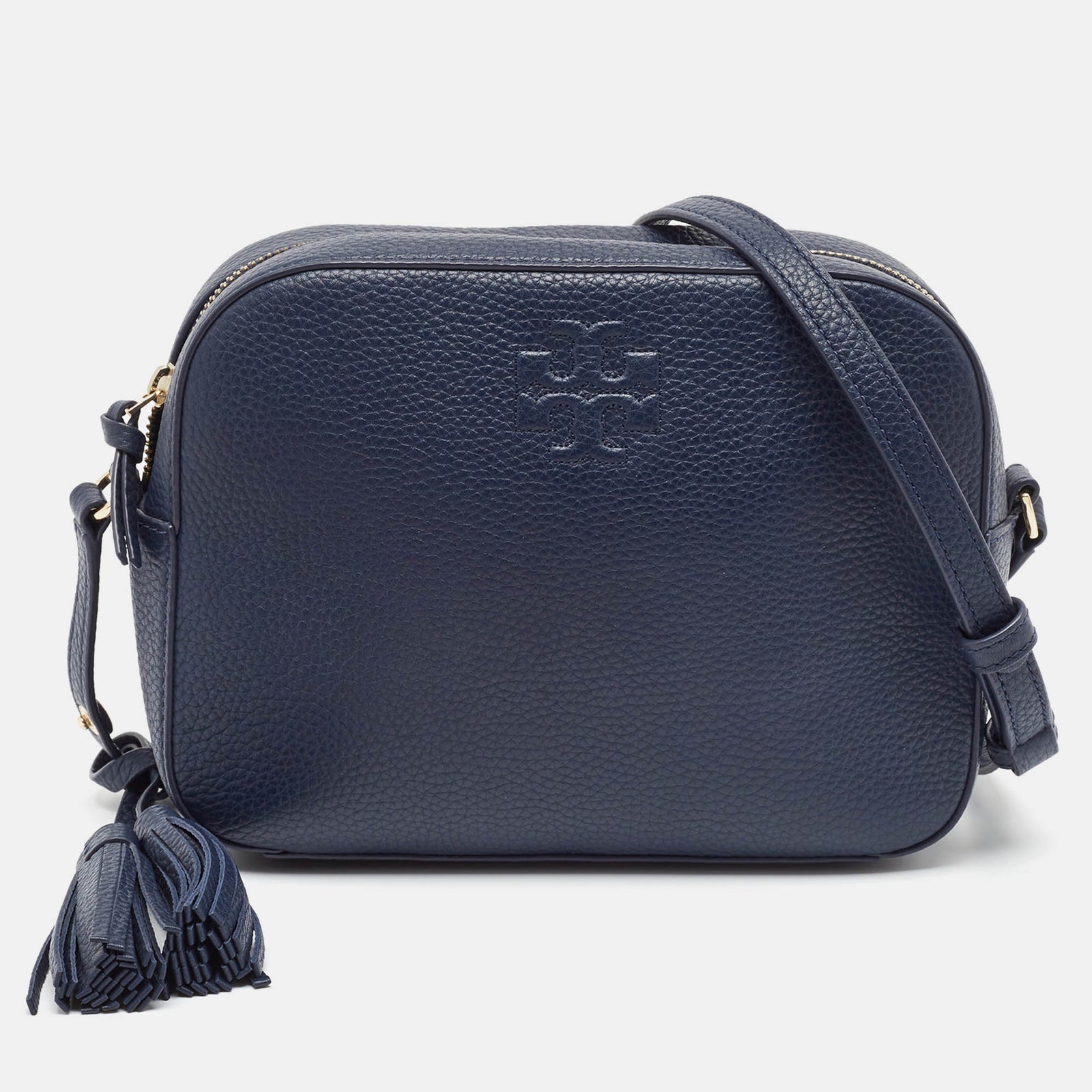 Tory Burch Marineblaue Umhängetasche aus Leder mit Kamera-Quaste