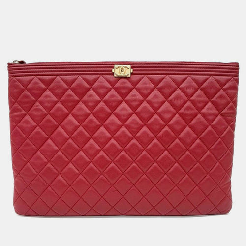 Red Quilted Lambskin Large Boy Zip Pouch