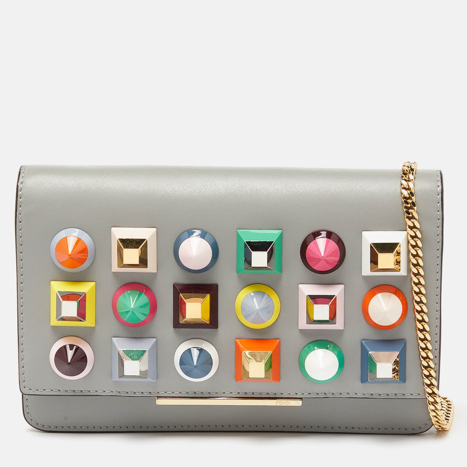 Fendi Grey Leather Rainbow Stud Tube Wallet On Chain