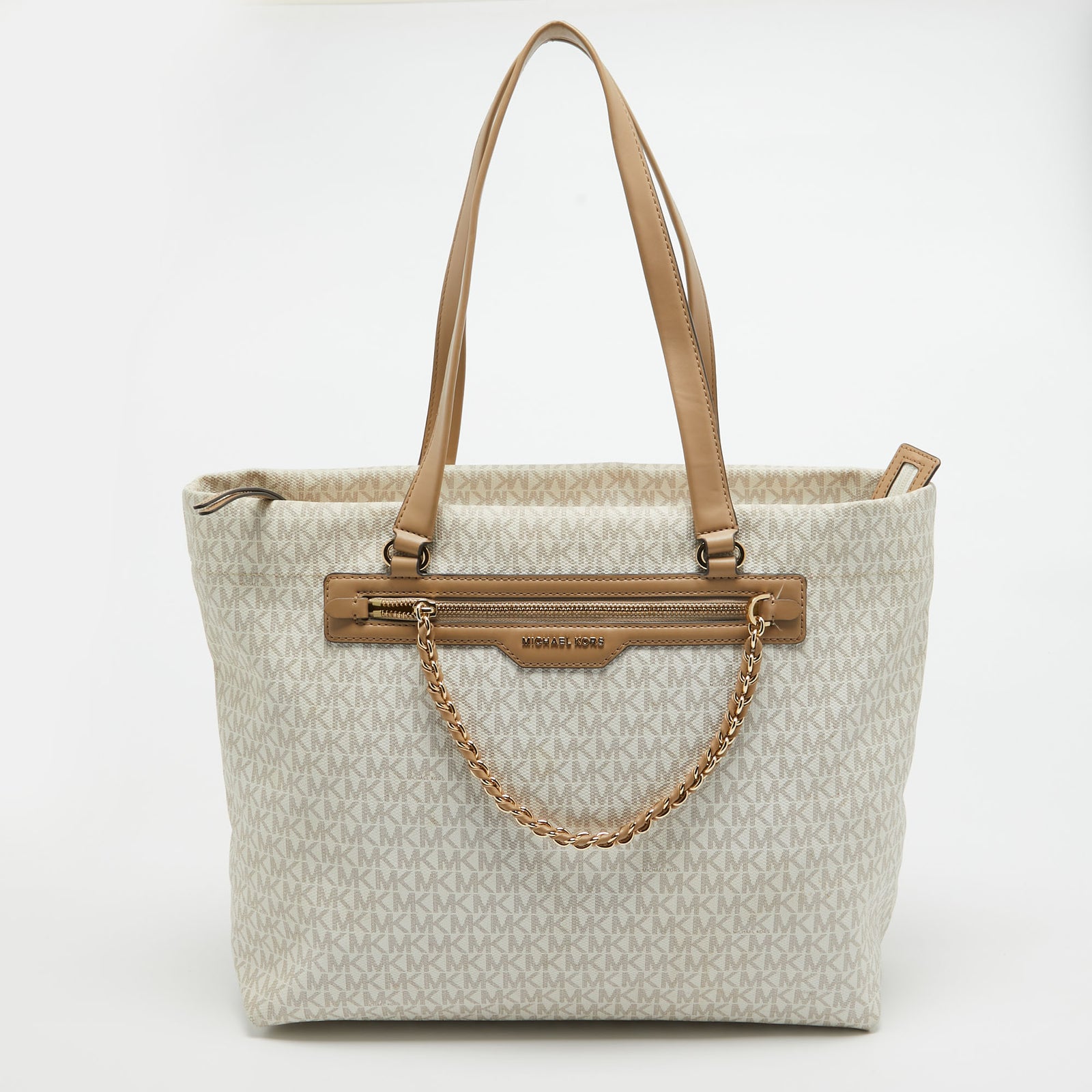 Michael Kors Beige/White Signature Coated Canvas and Leather Large Slater Tote