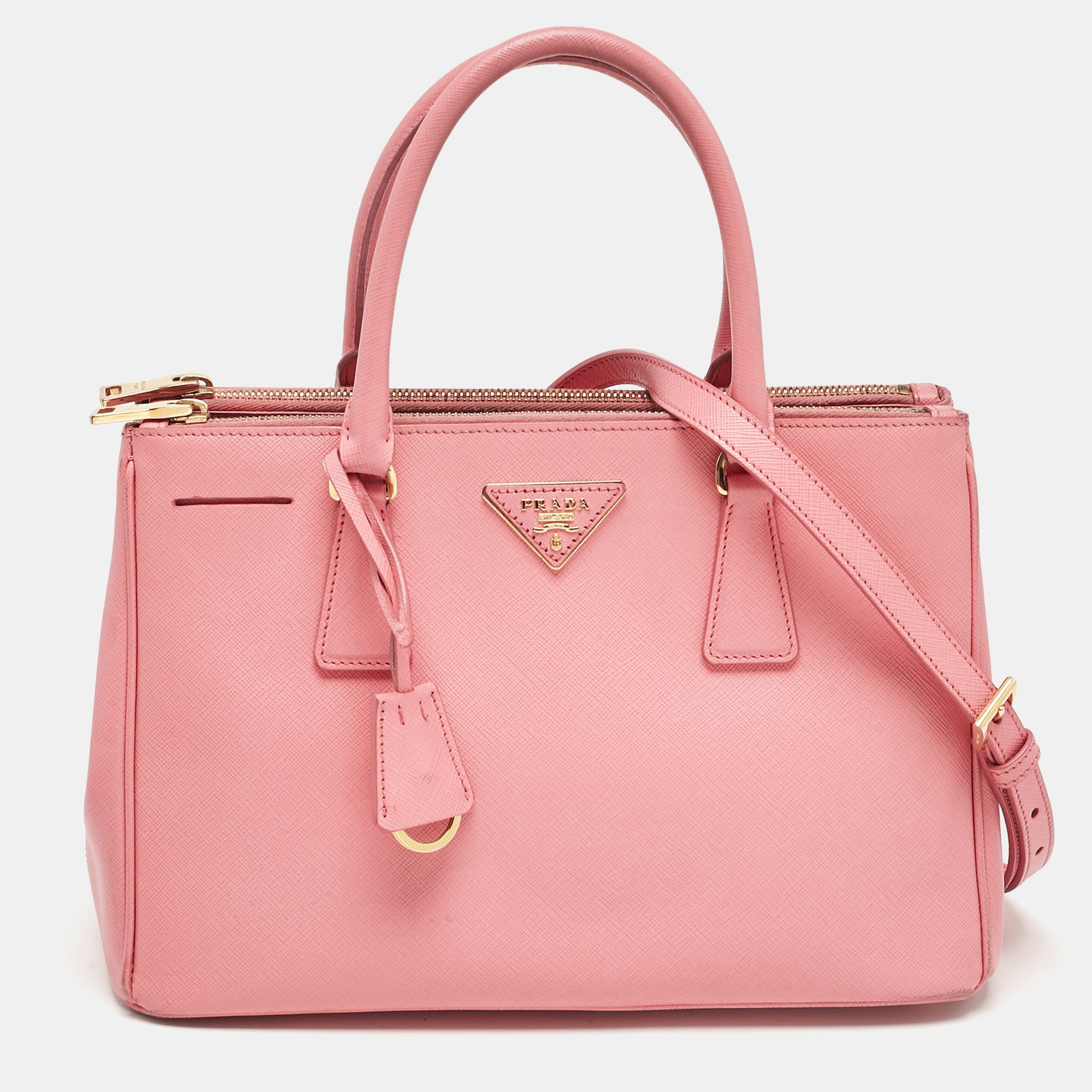 Prada Pink Saffiano Lux Leather Leather Small Double Zip Tote