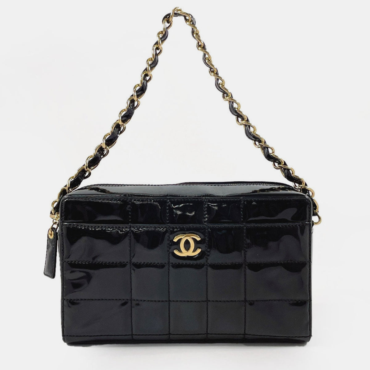 Chanel Black Quilted Patent Medium Chocolate Bar CC Camera Bag