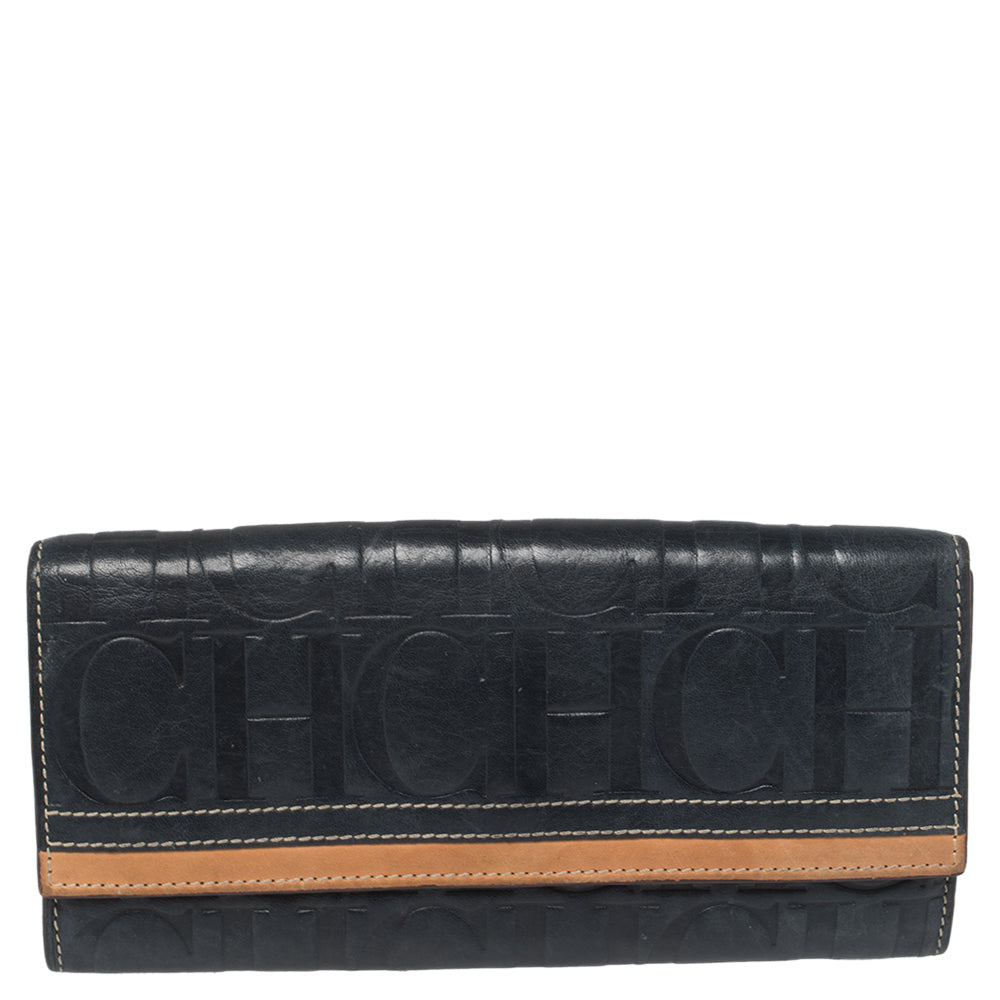 Carolina Herrera Blue/Tan Embossed Leather Flap Wallet