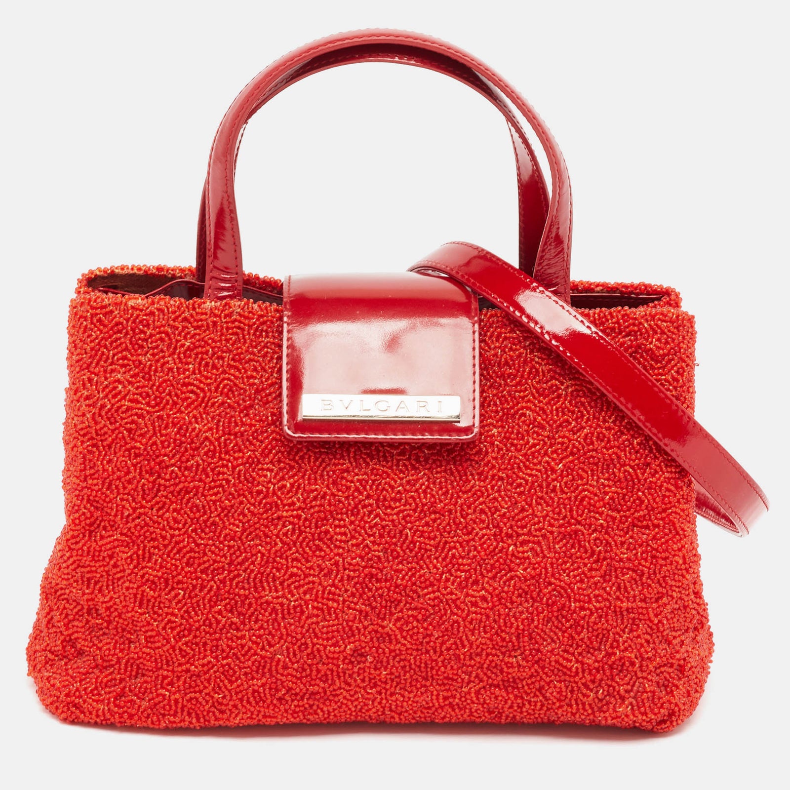 Bvlgari Red Beads and Patent Leather Flap Tote