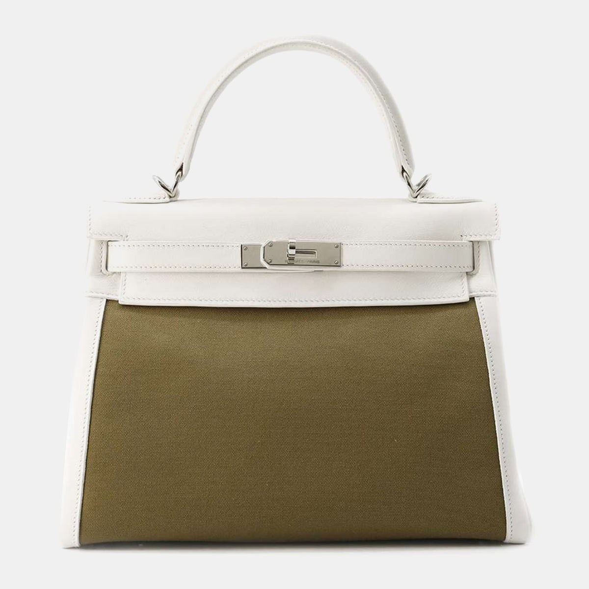 Hermès White/Khaki Gulliver Leather Toile Gibecire Kelly Retourne bag Size 28