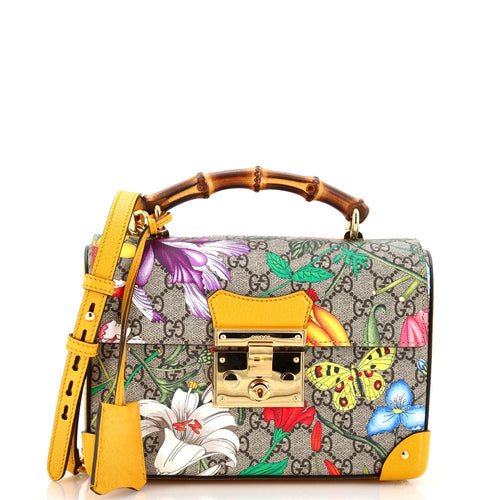 GUCCI Padlock Bamboo Shoulder Bag Flora GG Coated Canvas Small