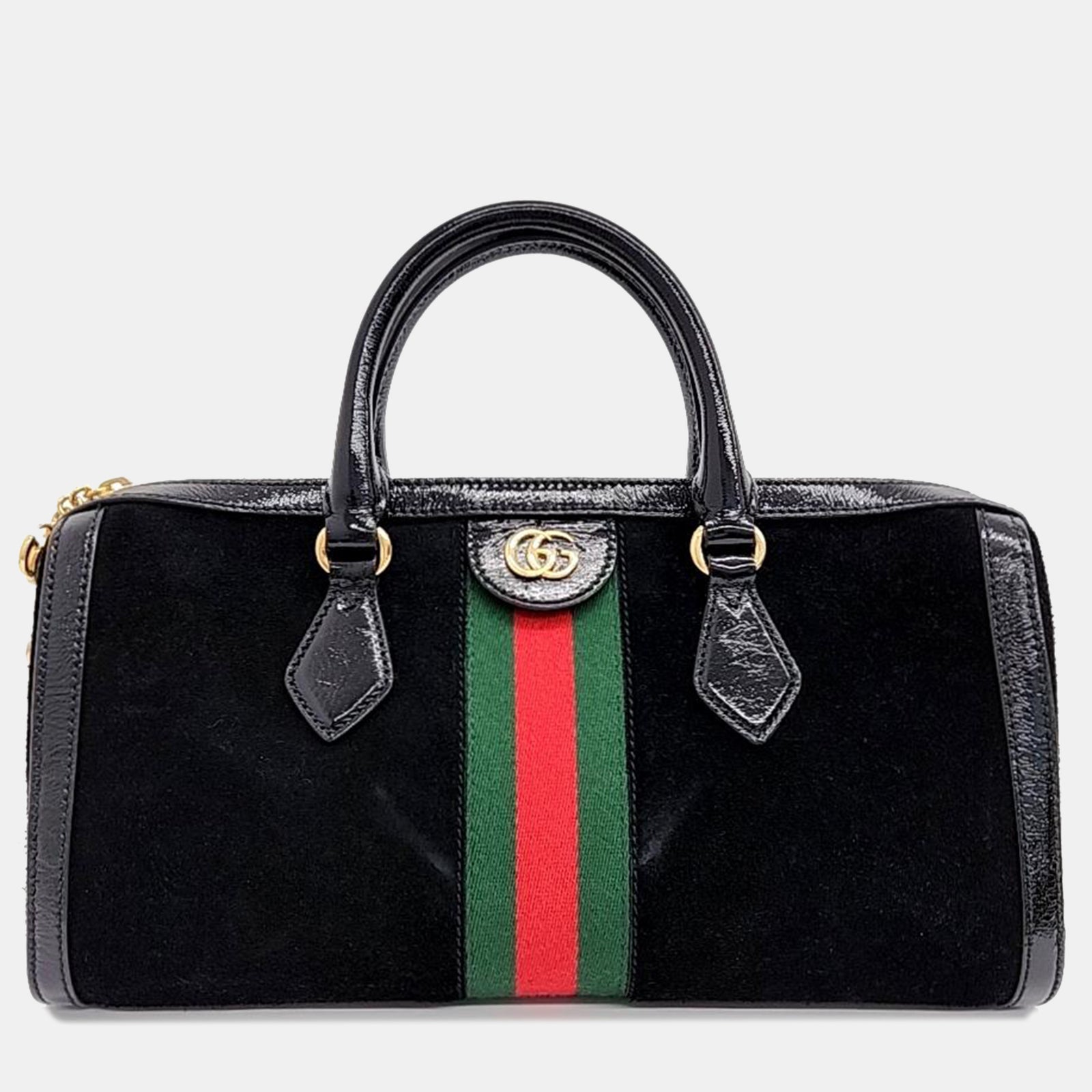 Gucci Black Velvet/Leather Ophidia GG Medium Top Handle Bag