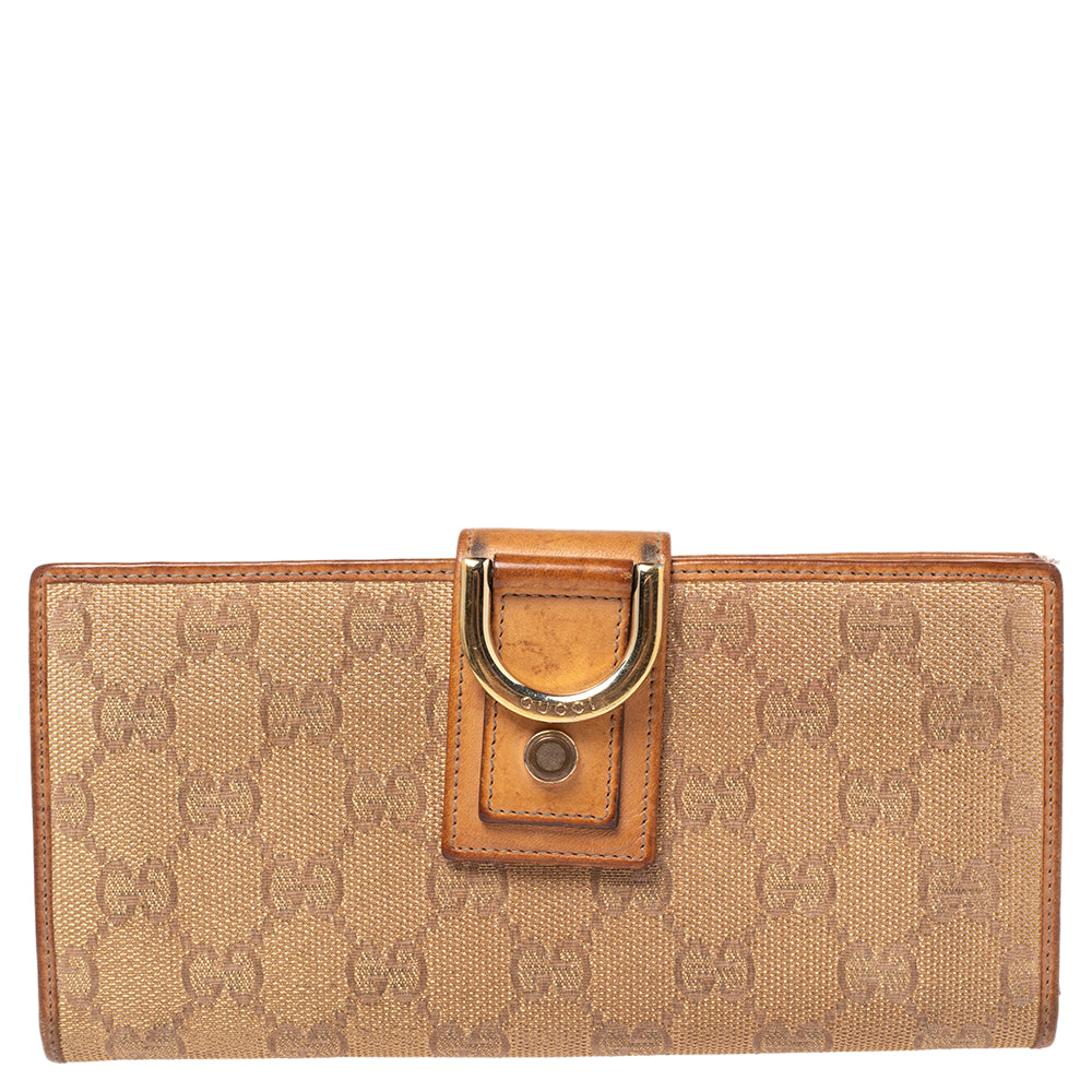 Gucci Metallic Beige GG Canvas and Leather D Ring Continental Wallet