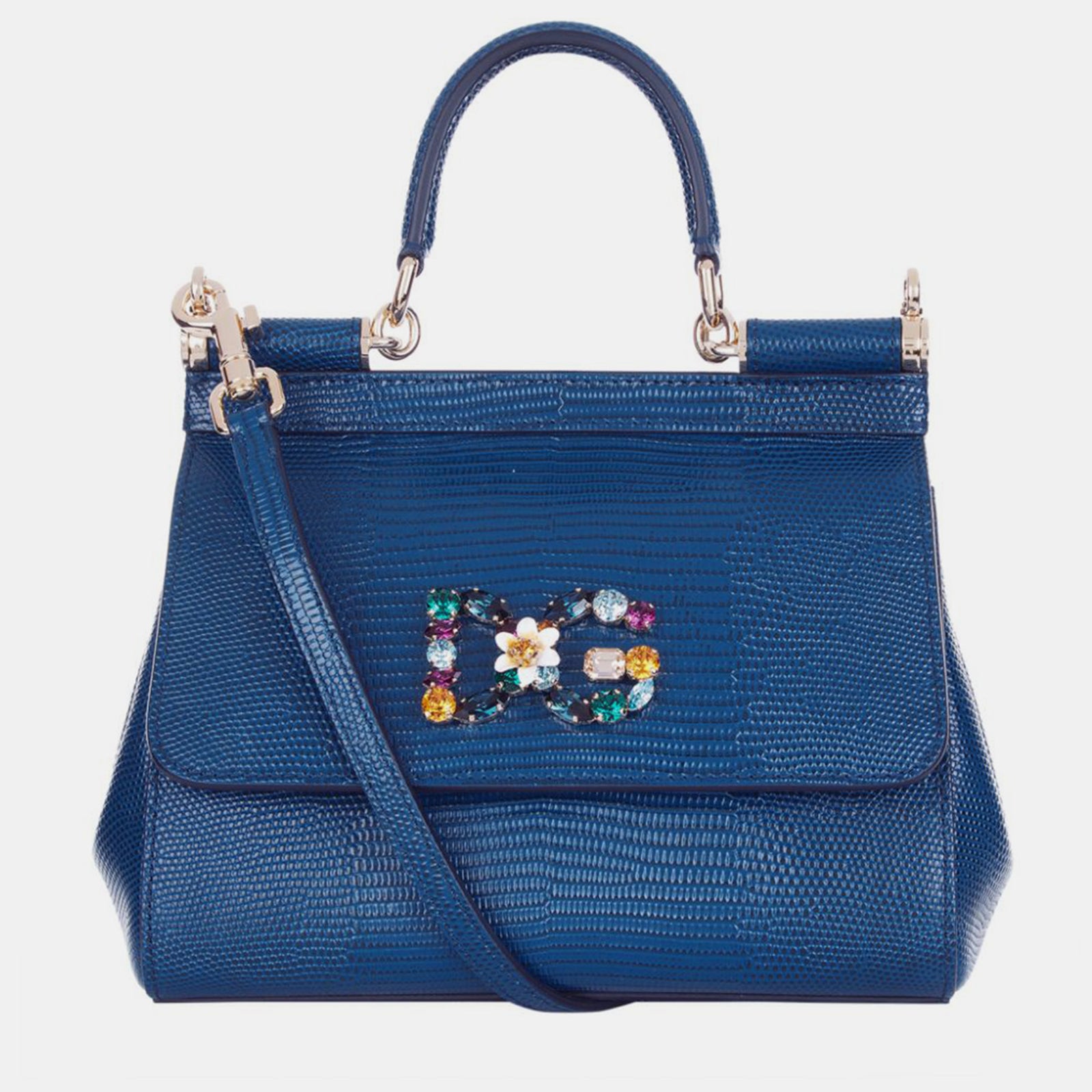 Dolce & Gabbana Blue Iguana Embossed Leather Crystal DG Logo Small Miss Sicily Bag