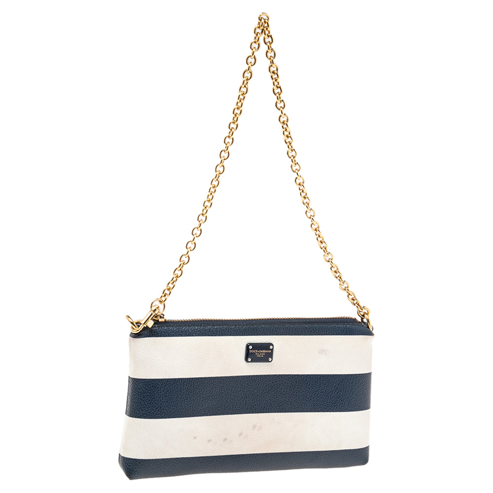 Blue/White Striped Leather Chain Pouch