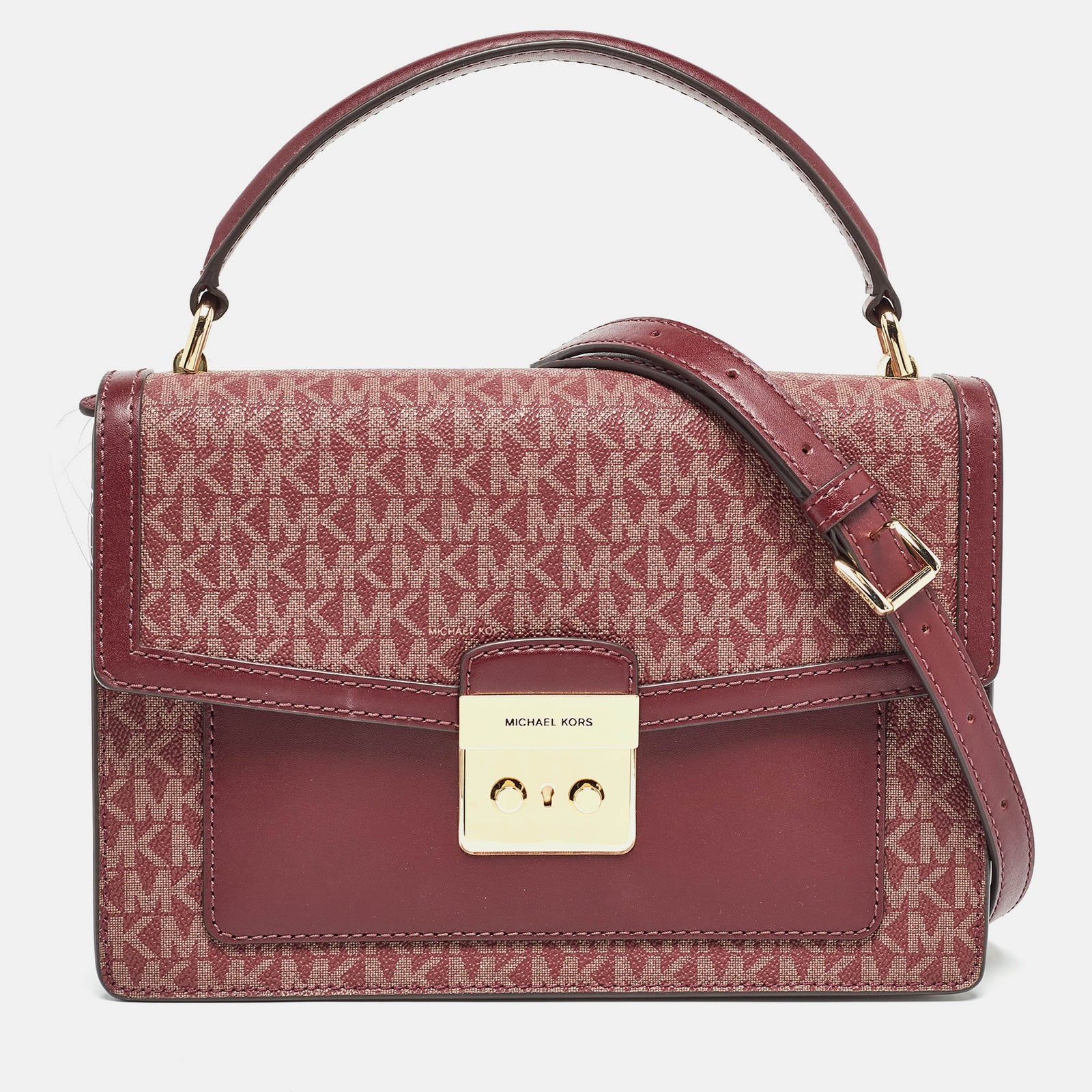 Michael Kors Burgundy Signature Coated Canvas Medium Johara Top Handle Bag