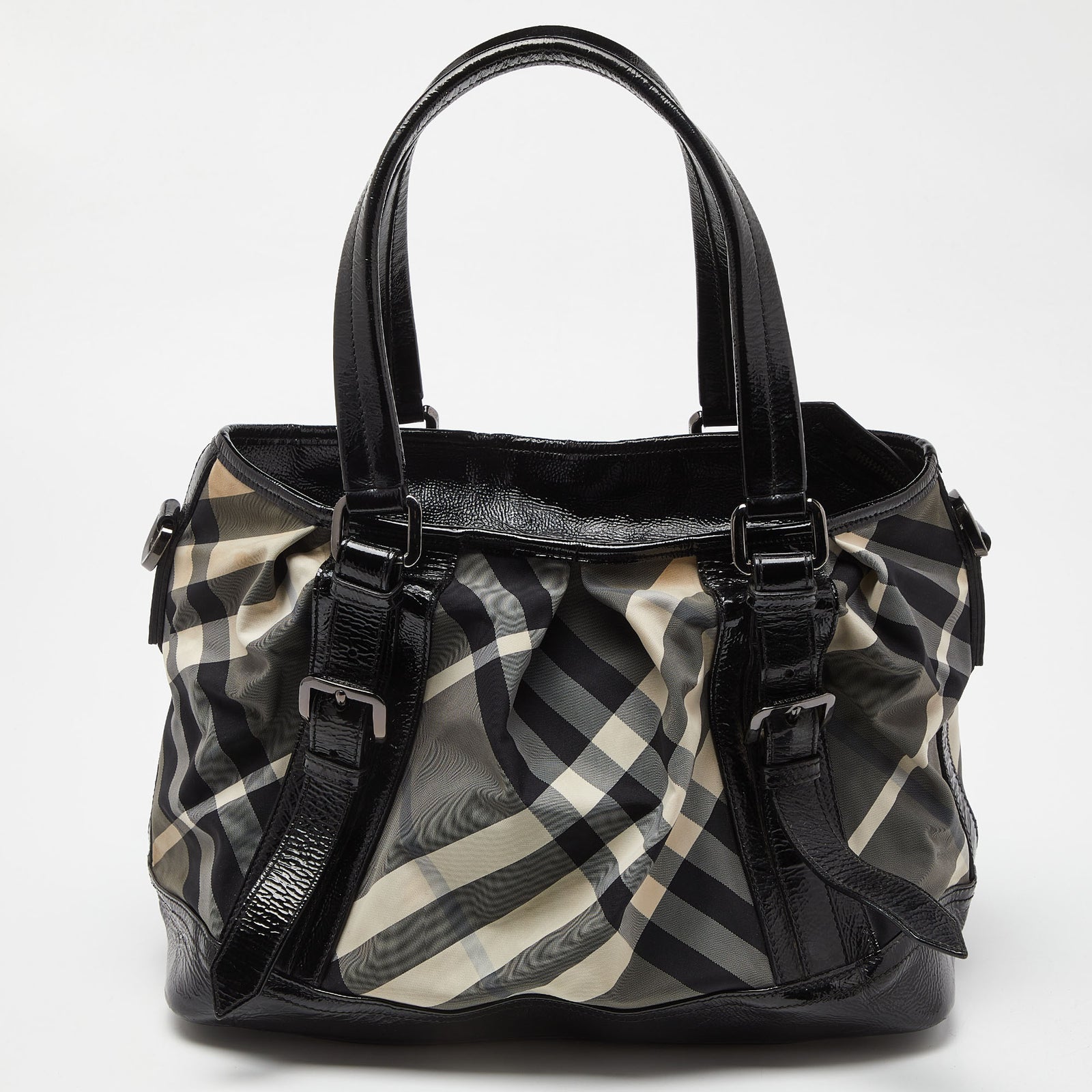 Burberry Black/Grey Beat Check Canvas and Patent Leather Lowry Tote