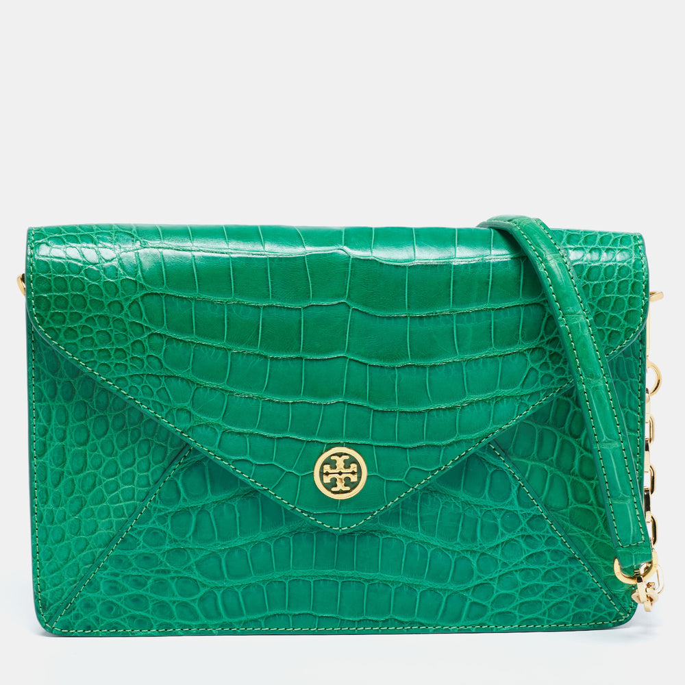 Pochette à rabat en forme d'enveloppe Robinson en alligator vert